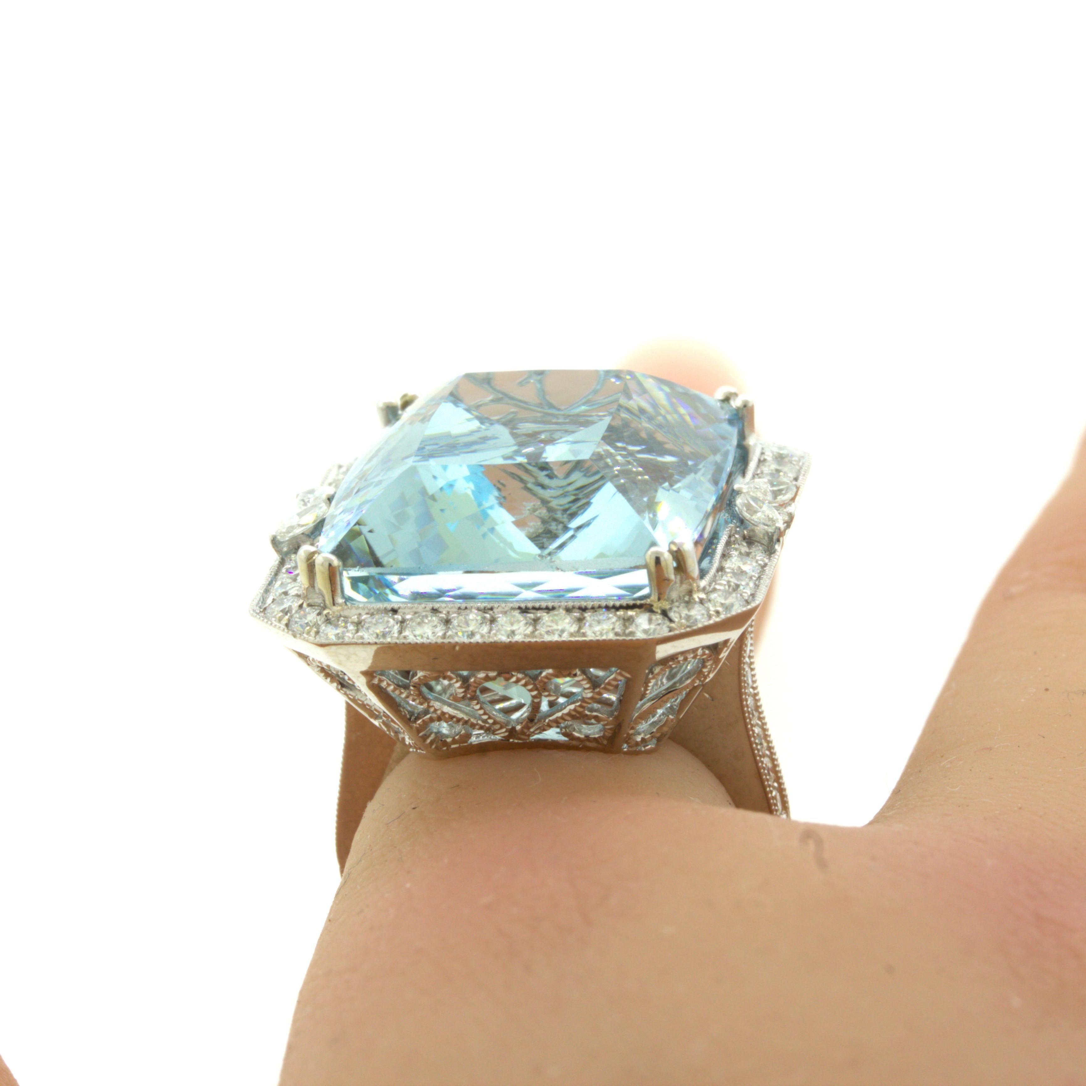 33.86 Carat Aquamarine Diamond 18K White Gold Cocktail Ring For Sale 2