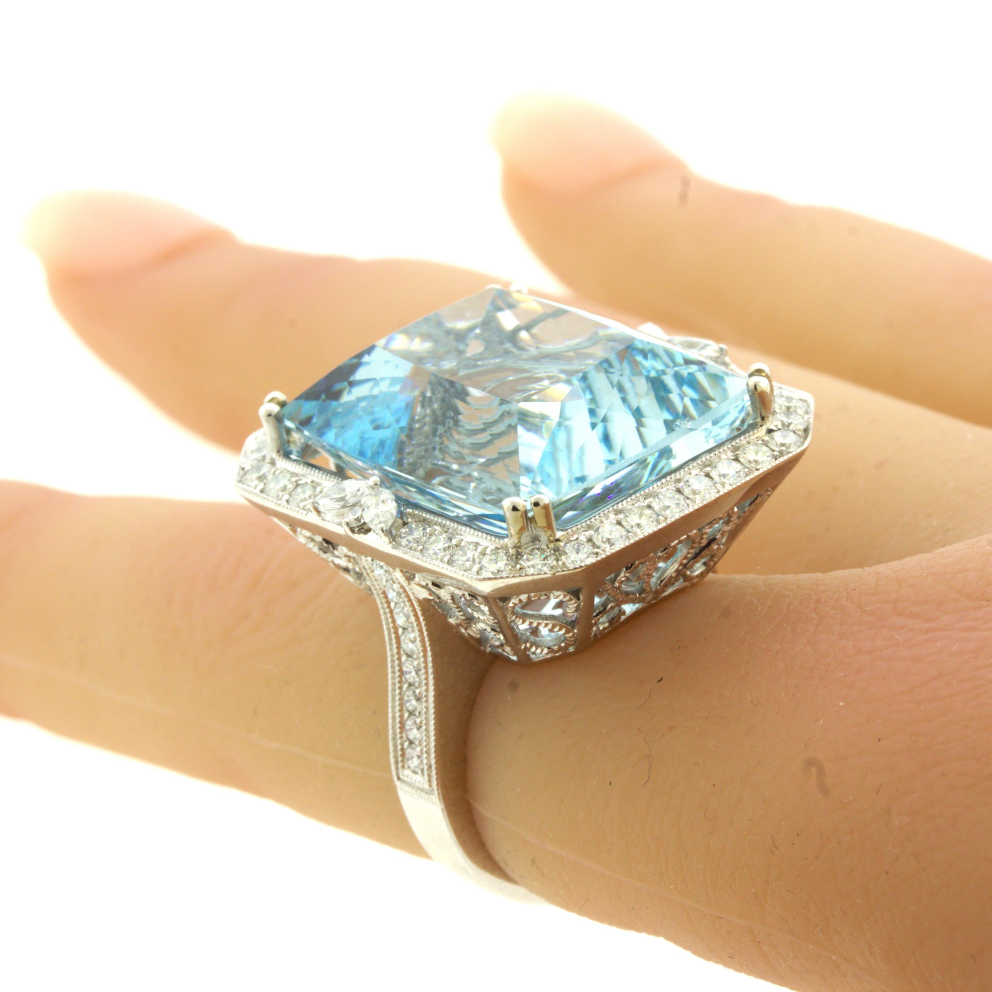 33.86 Carat Aquamarine Diamond 18K White Gold Cocktail Ring For Sale 3
