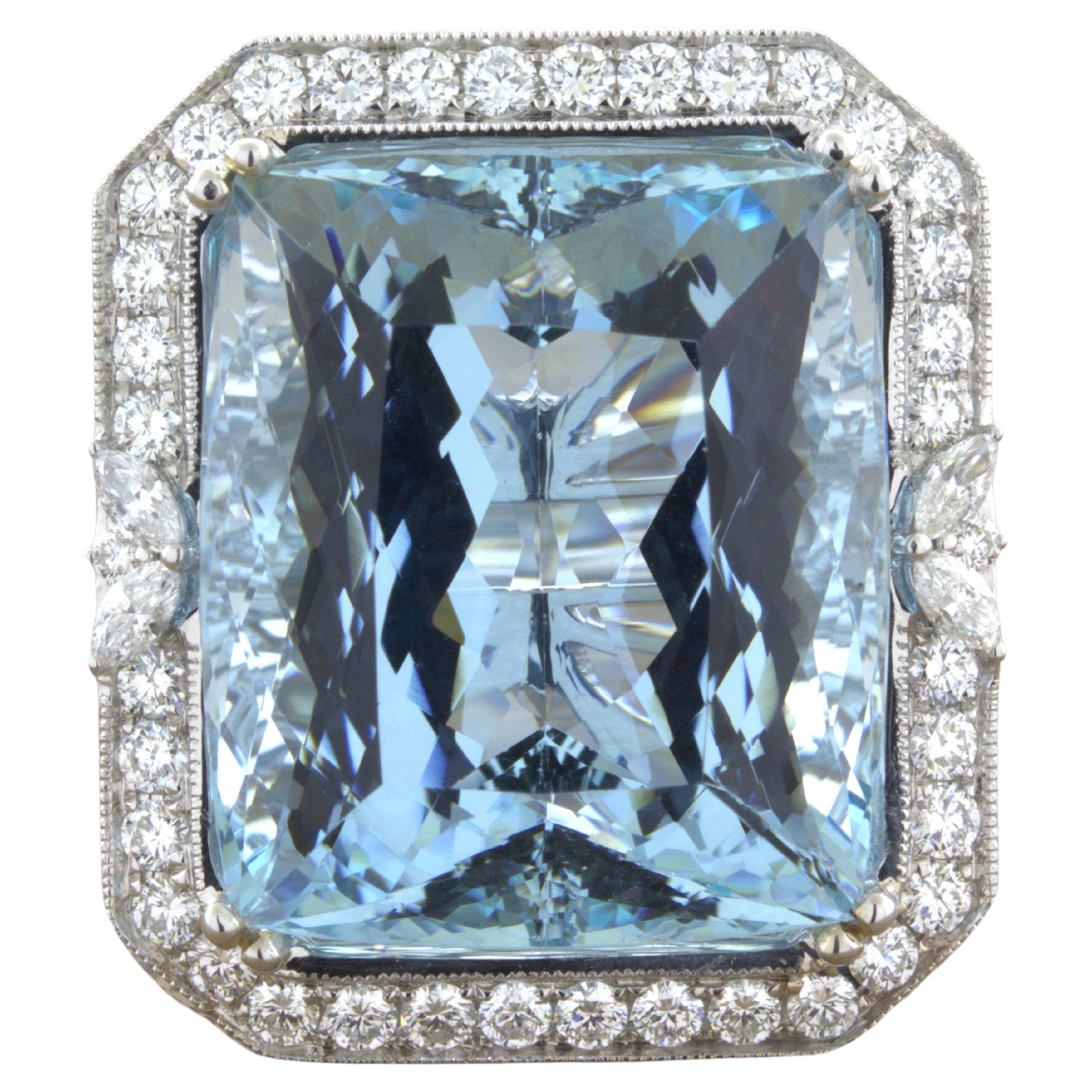 33.86 Carat Aquamarine Diamond 18K White Gold Cocktail Ring For Sale