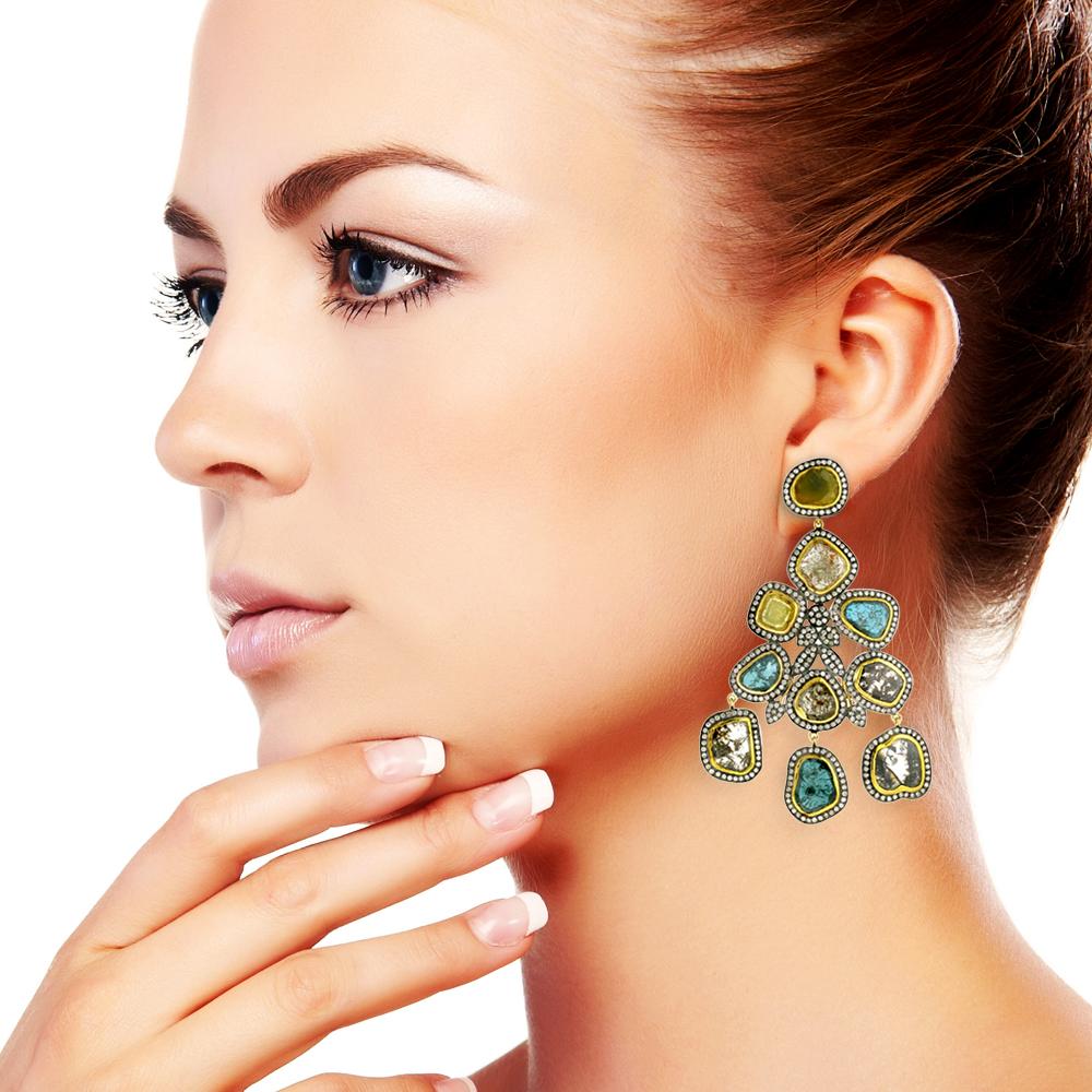 Mixed Cut 33.86ct Multicolor Sliced Diamonds Chandelier Earrings Made In 18k Yellow Gold For Sale