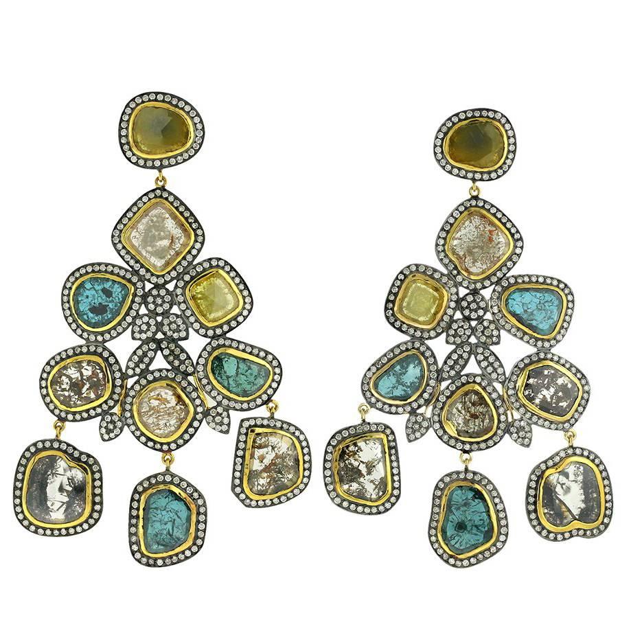 33.86ct Multicolor Sliced Diamonds Chandelier Earrings Made In 18k Yellow Gold For Sale