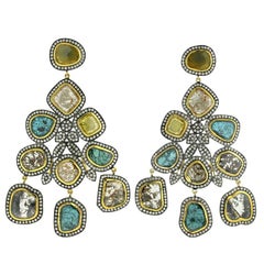 Boucles d'oreilles chandelier en or jaune 18 carats et diamants tranchés multicolores 33,86 carats