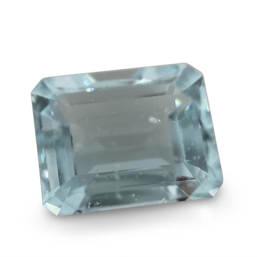 Description:

Gem Type: Aquamarine 
Number of Stones: 1
Weight: 3.38 cts
Measurements: 9.97 x 7.96 x 5.46 mm
Shape: Emerald Cut
Cutting Style Crown: Step Cut
Cutting Style Pavilion: Step Cut 
Transparency: Transparent
Clarity: Very Slightly