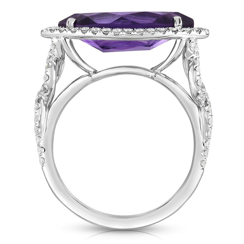Contemporary 3.38ct. Marquise Amethyst and conflict free Diamond Halo Platinum Cocktail Ring For Sale