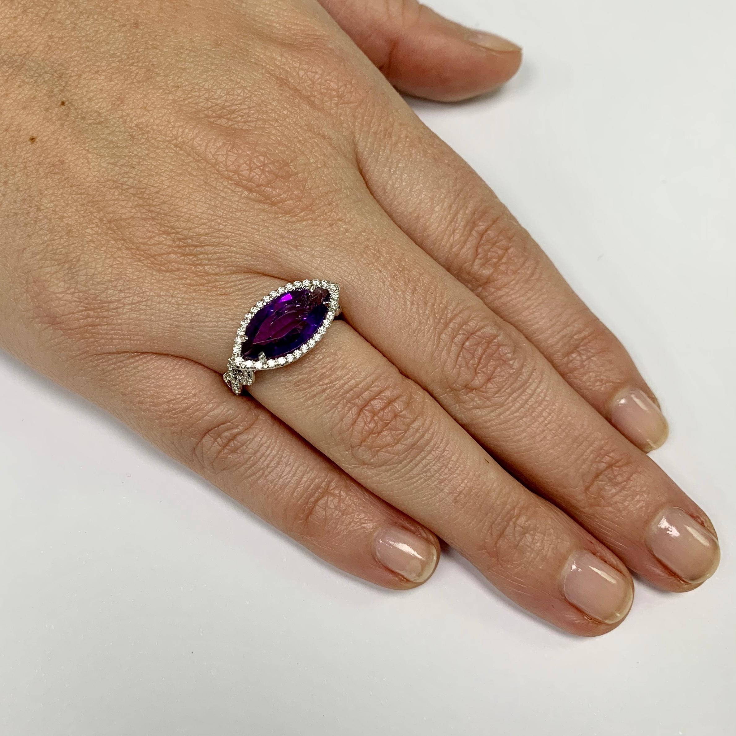 3.38ct. Marquise Amethyst and conflict free Diamond Halo Platinum Cocktail Ring In New Condition For Sale In New York, NY