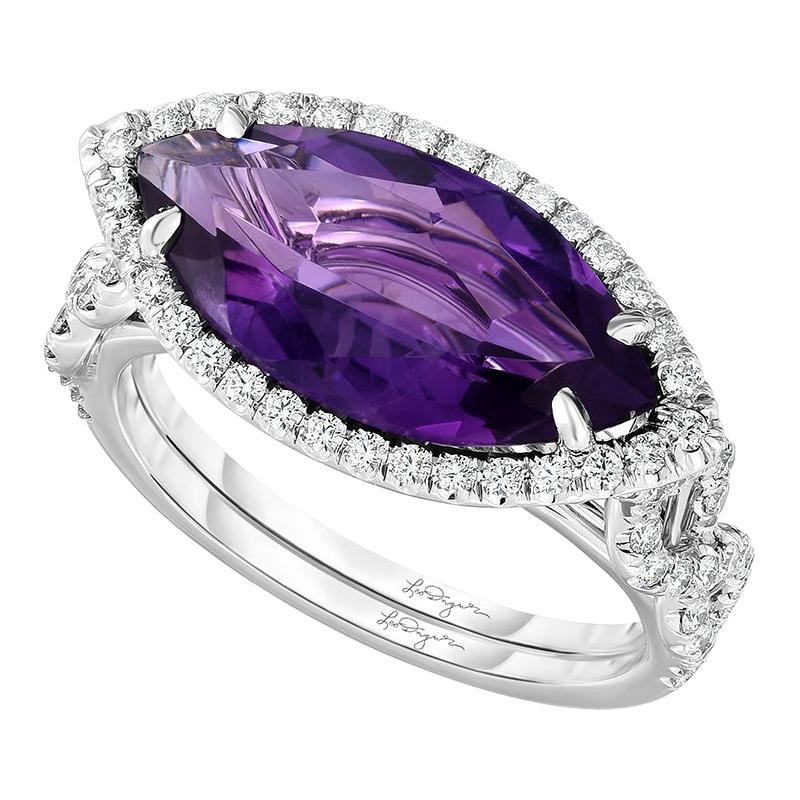 3.38ct. Marquise Amethyst and conflict free Diamond Halo Platinum Cocktail Ring For Sale