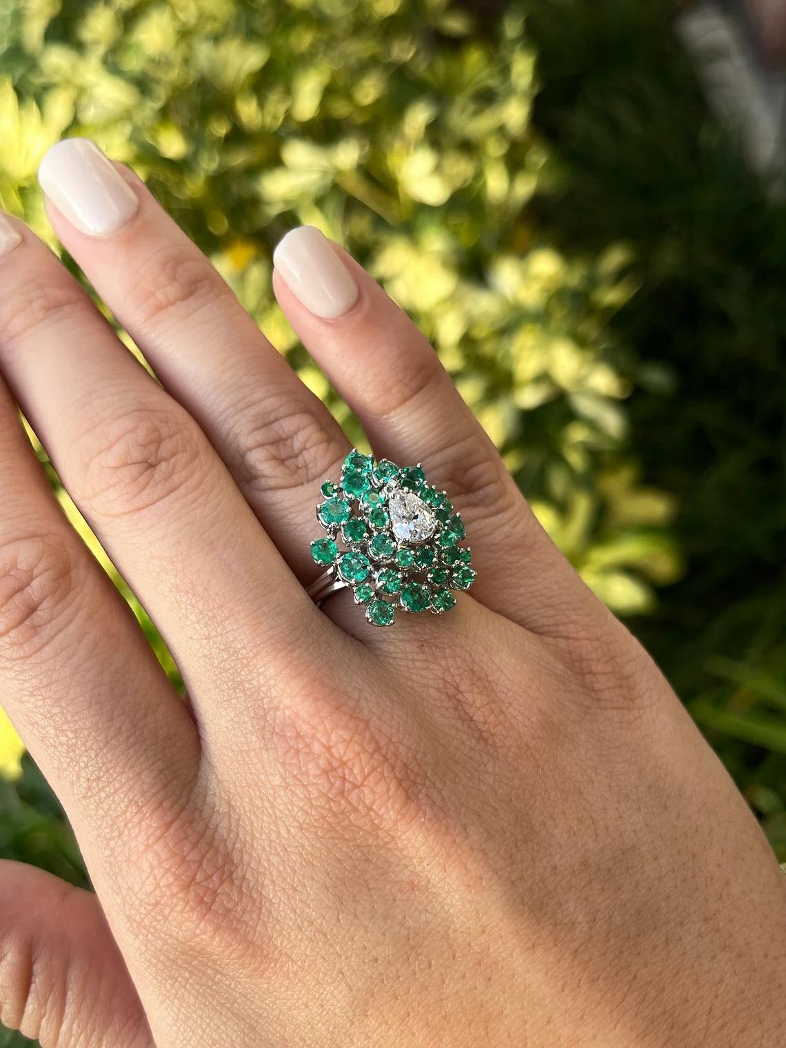 Pear Cut 3.38tcw Teardrop Diamond & Round Colombian Emerald Cluster Statement Gold Ring For Sale