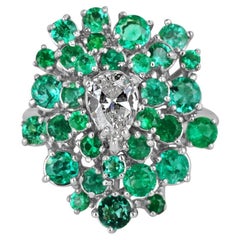 3,38 tcw Teardrop Diamant & runder kolumbianischer Smaragd Cluster Aussage Goldring