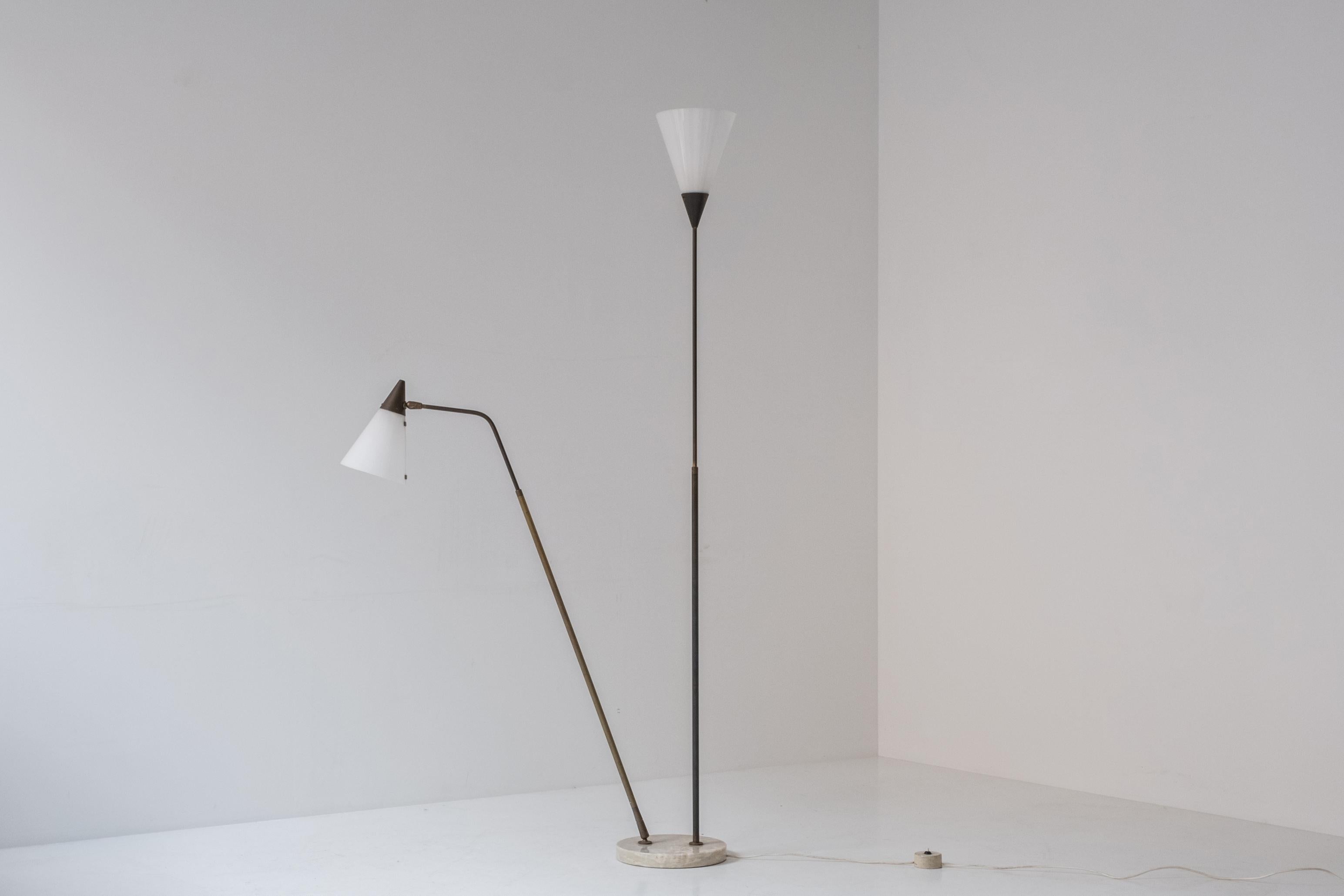 Rare 339-2 PX two armed floor lamp by Angelo and Giuseppe Ostuni & Renato Forti for Oluce, Italy 1952. This floor lamp features a marble base with two brass stems holding the original acrylic lampshades. Adjustable in height and allowing to be