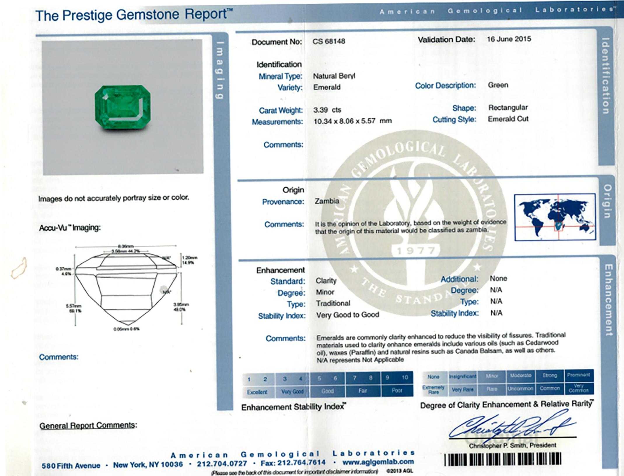 3.39 Carat A.G.L Certified Emerald Gemstone In New Condition For Sale In Bethesda, MD