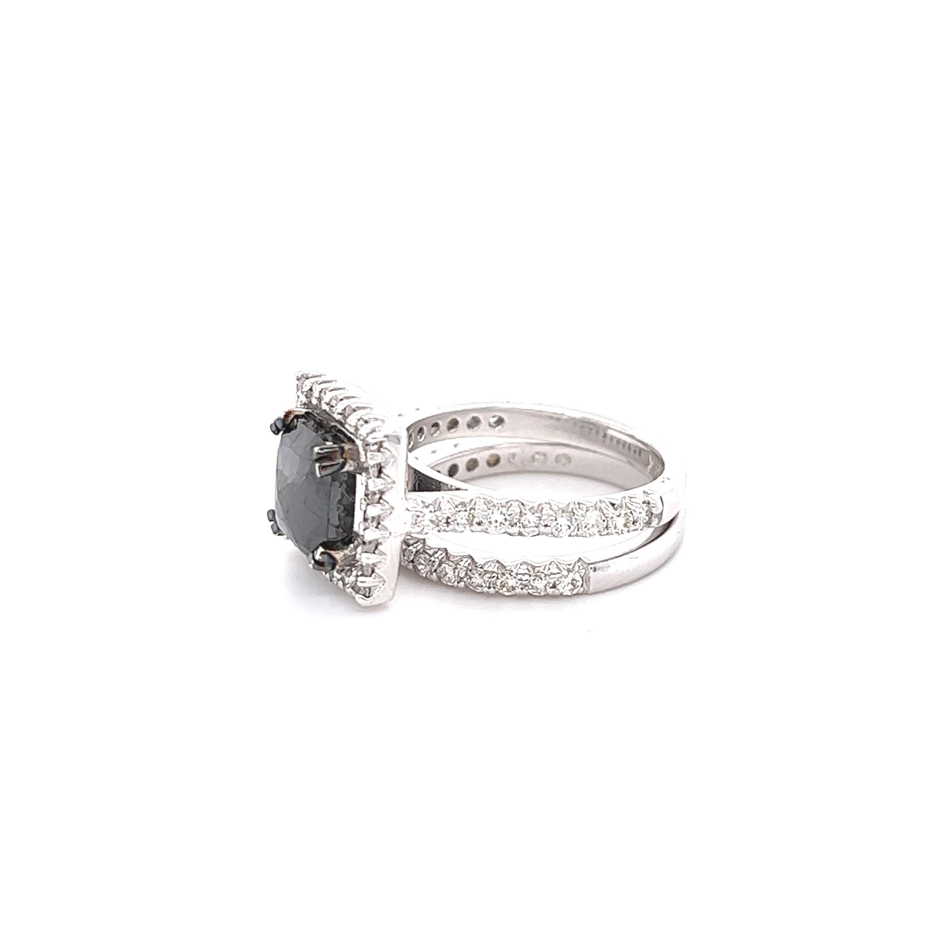 Contemporary 3.39 Carat Black White Diamond White Gold Engagement Ring Wedding Band For Sale