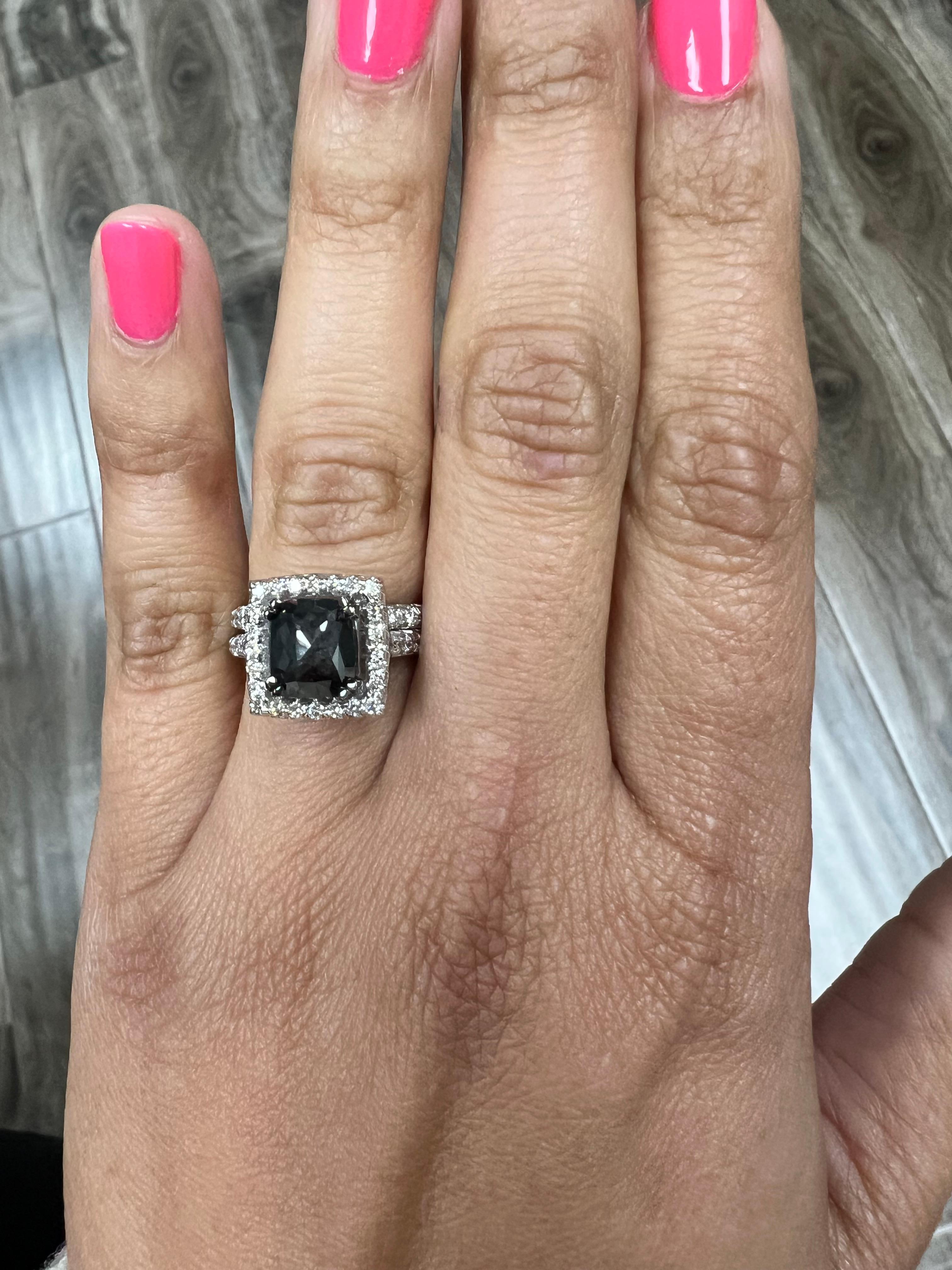 3.39 Carat Black White Diamond White Gold Engagement Ring Wedding Band In New Condition For Sale In Los Angeles, CA