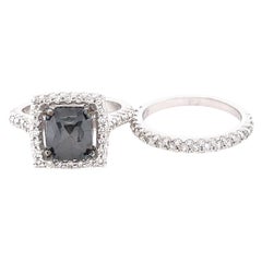 3.39 Carat Black White Diamond White Gold Engagement Ring Wedding Band