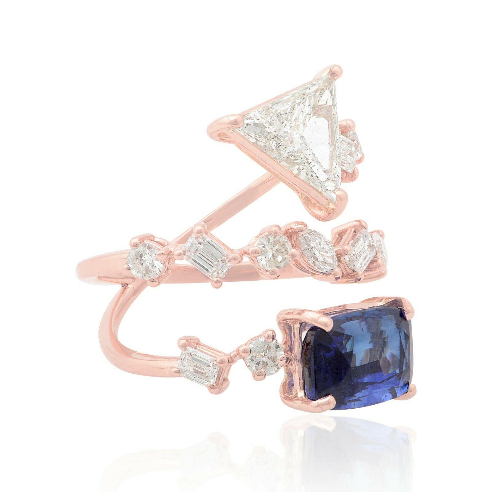Trillion Cut 3.39 carat Blue Sapphire Trillion Diamond 14 Karat Gold Ring For Sale