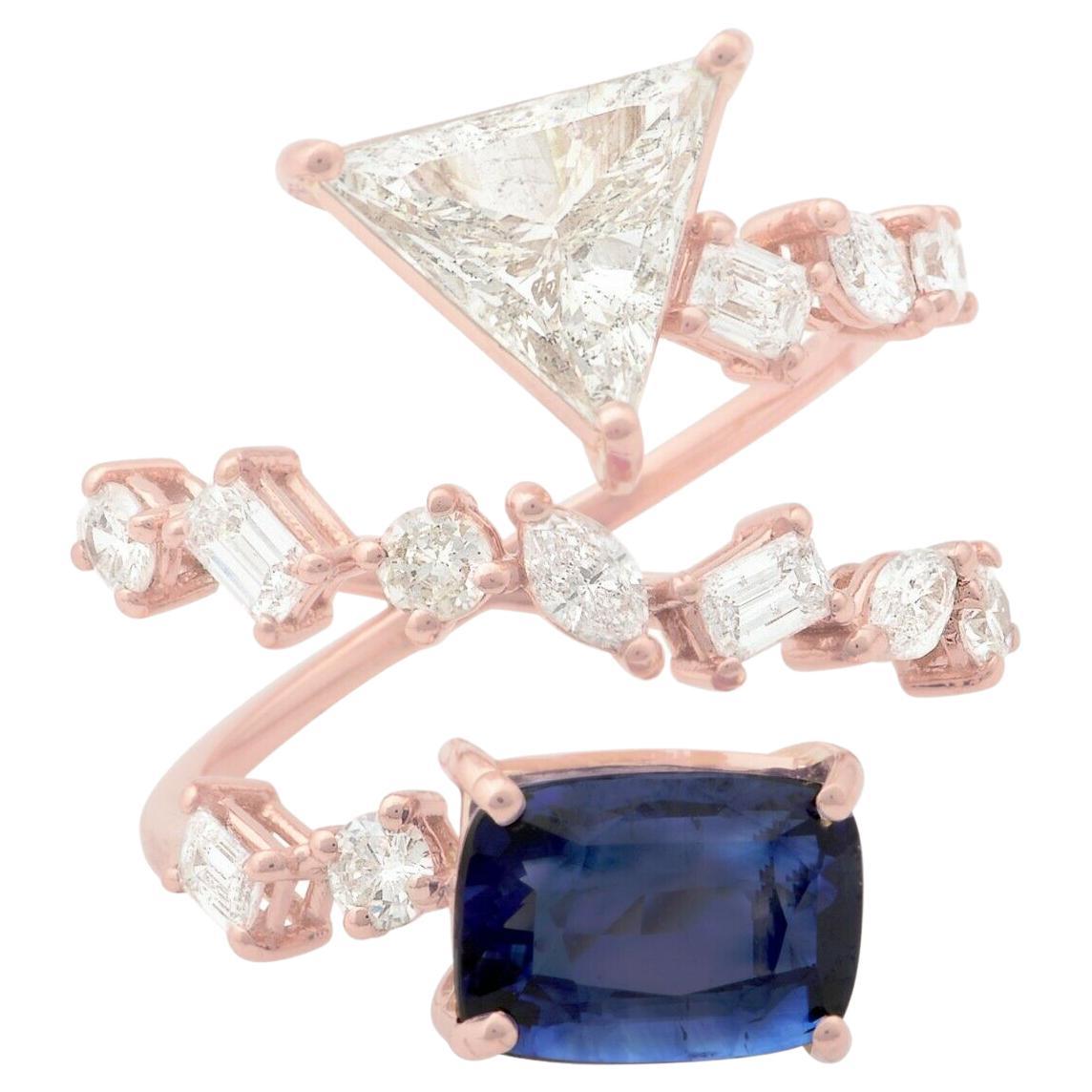 3,39 Karat Blauer Saphir Trillion Diamant 14 Karat Gold Ring
