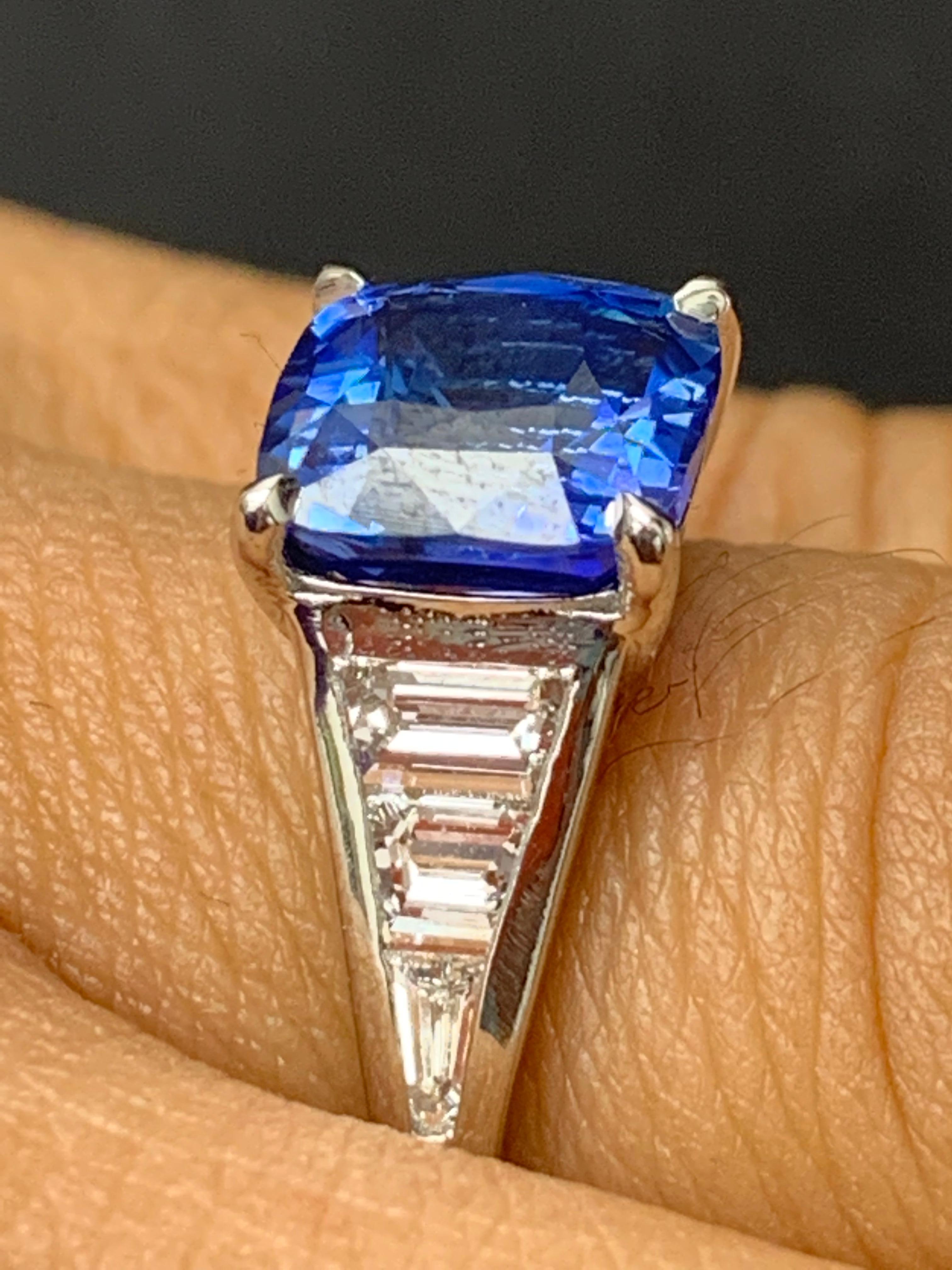 3.39 Carat Cushion Cut Blue Sapphire and Diamond Engagement Ring in Platinum For Sale 6