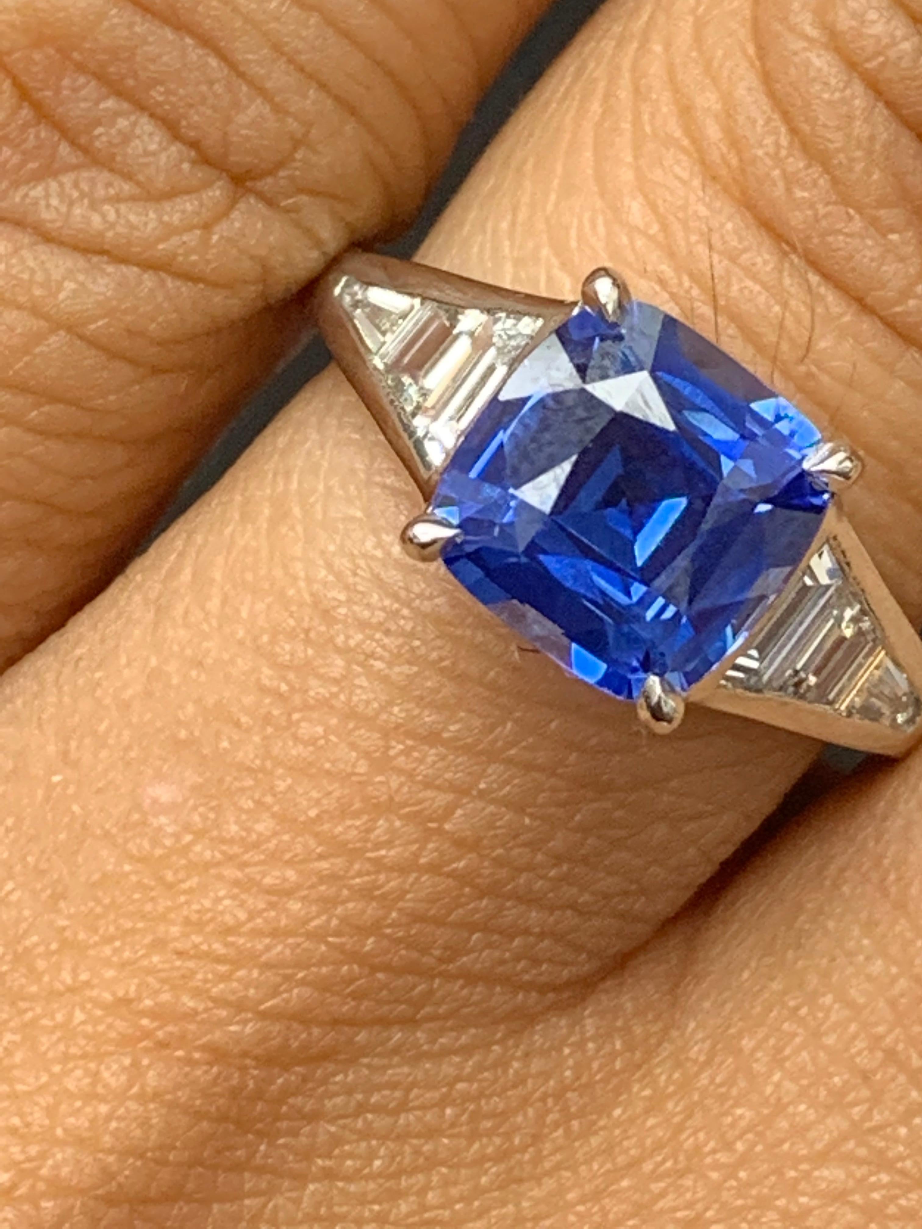 3.39 Carat Cushion Cut Blue Sapphire and Diamond Engagement Ring in Platinum For Sale 8