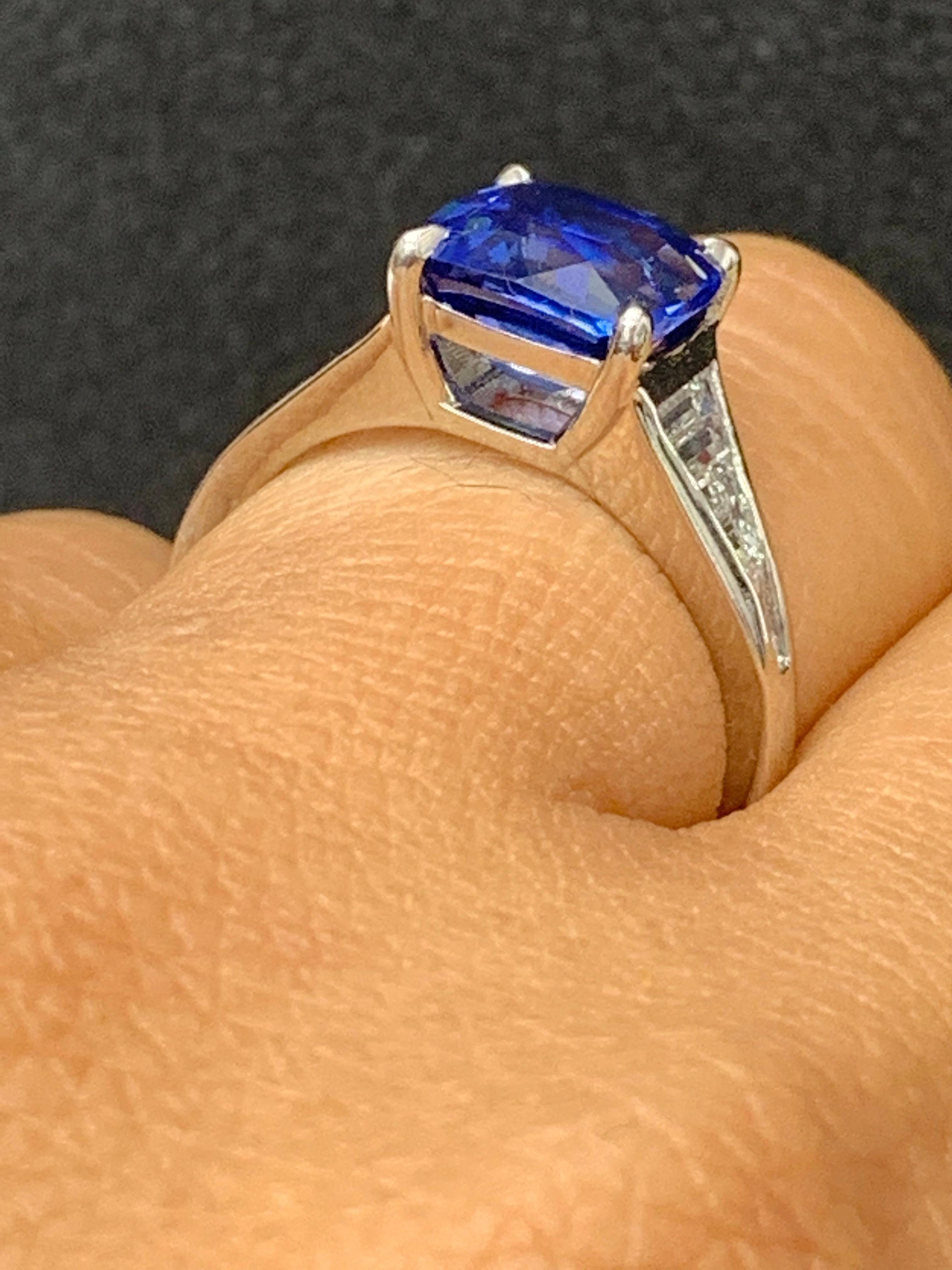 3.39 Carat Cushion Cut Blue Sapphire and Diamond Engagement Ring in Platinum For Sale 11