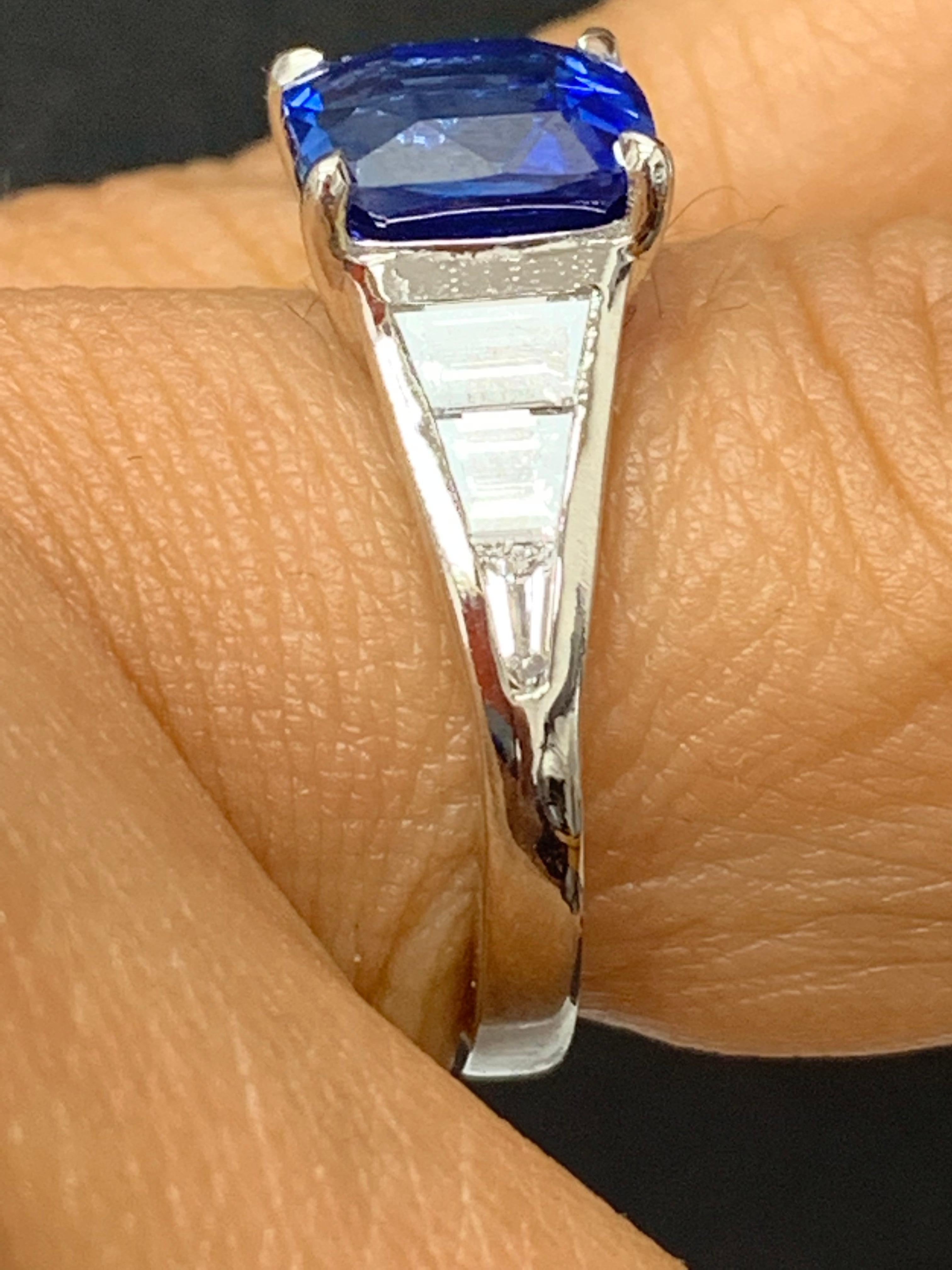 3.39 Carat Cushion Cut Blue Sapphire and Diamond Engagement Ring in Platinum For Sale 13
