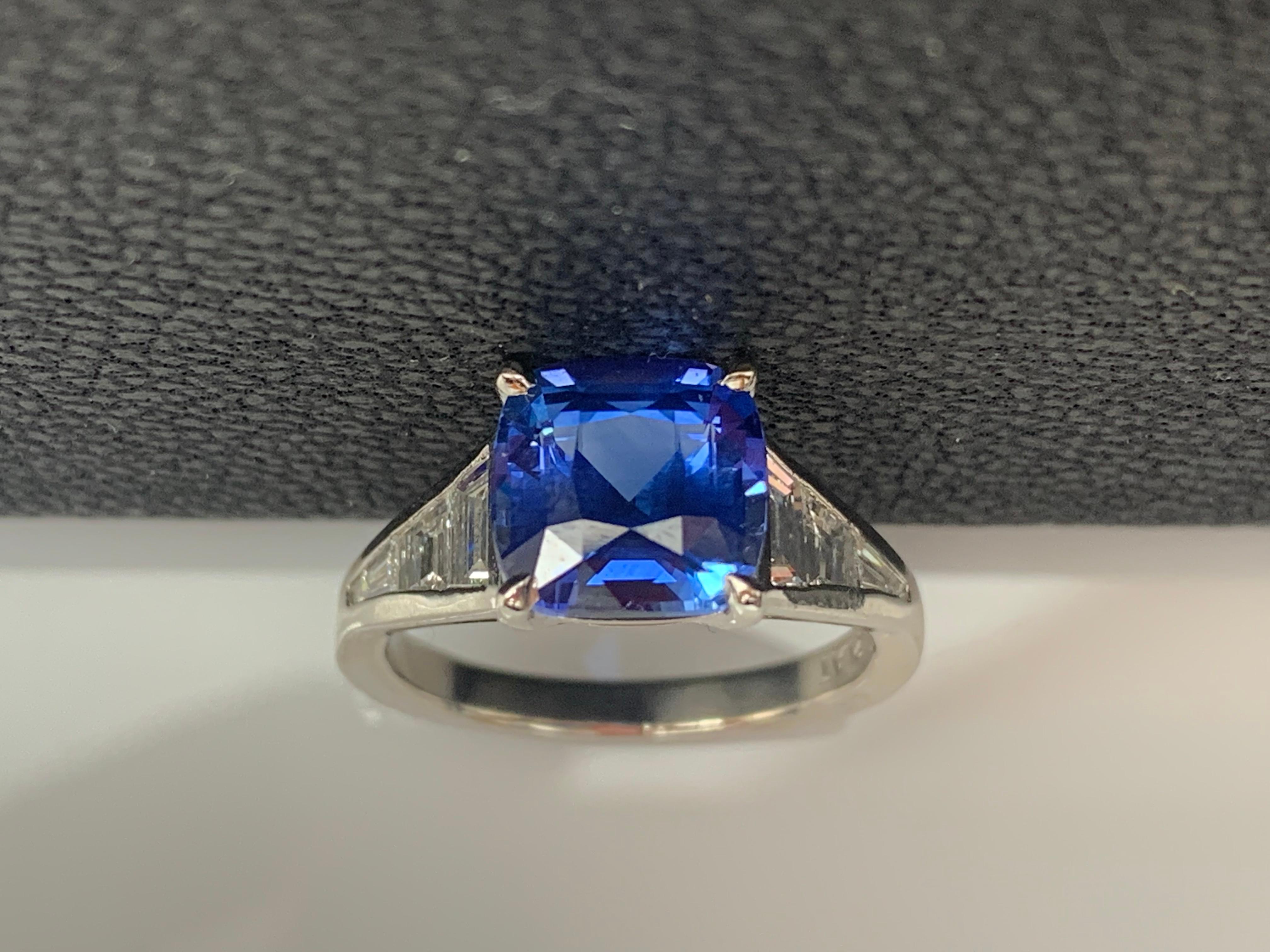 Modern 3.39 Carat Cushion Cut Blue Sapphire and Diamond Engagement Ring in Platinum For Sale