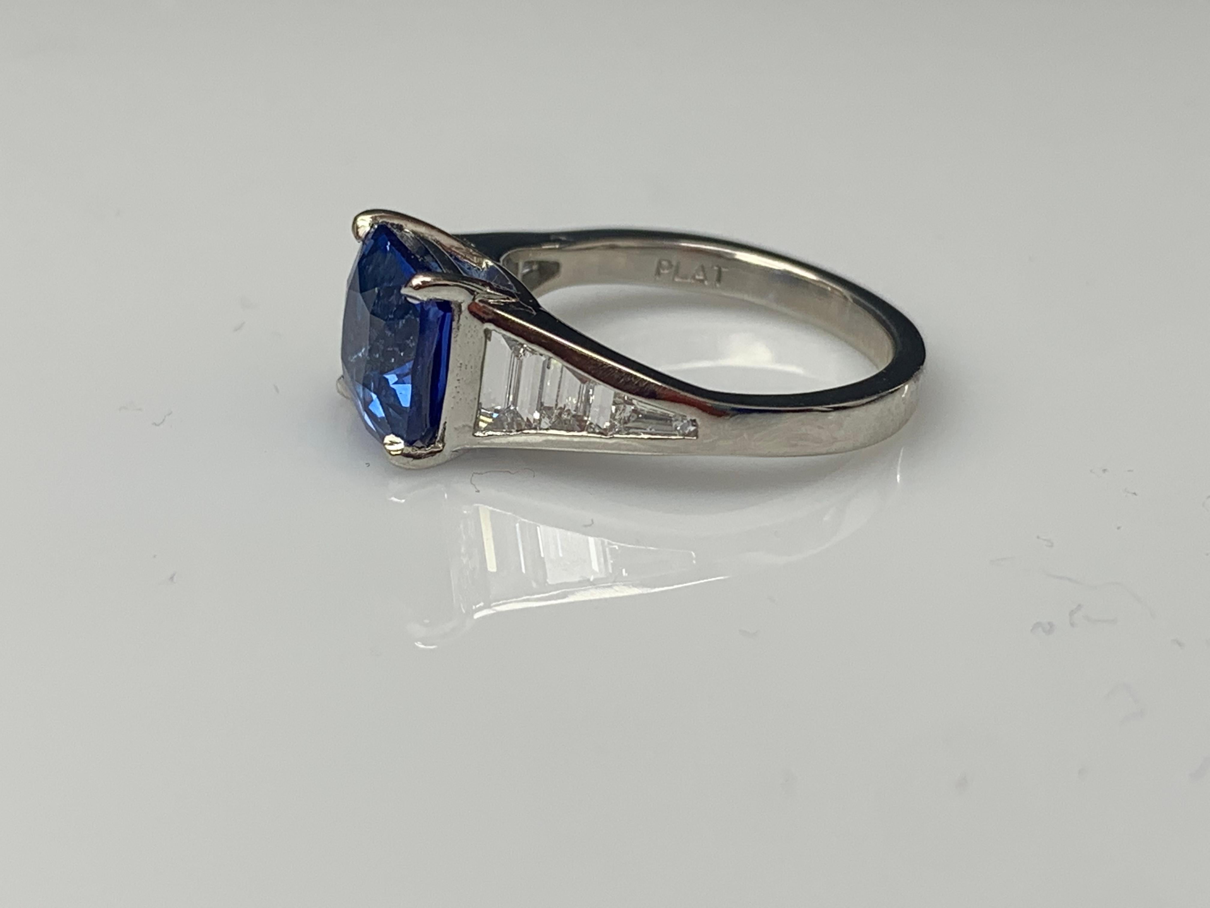 3.39 Carat Cushion Cut Blue Sapphire and Diamond Engagement Ring in Platinum For Sale 1