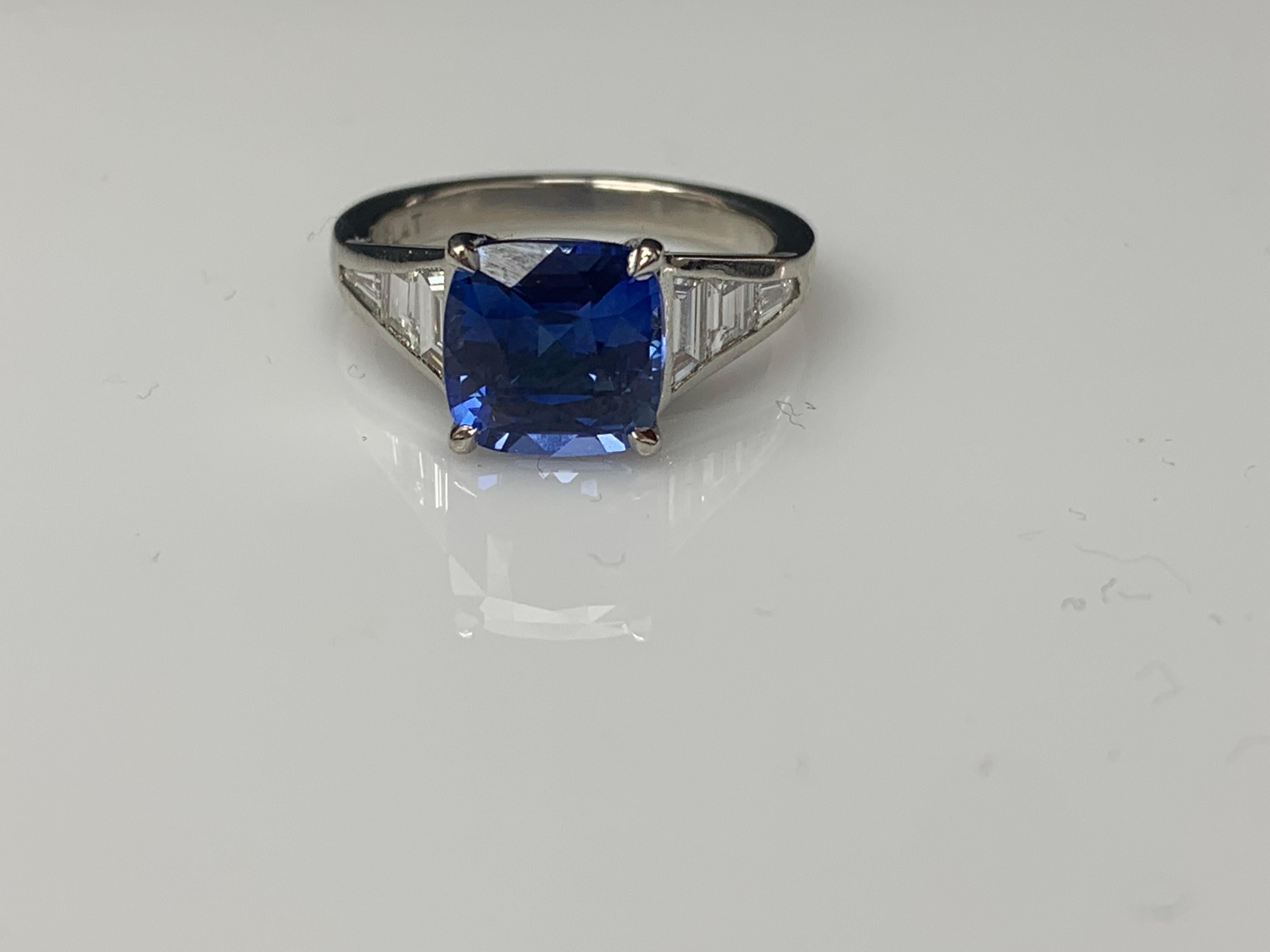 3.39 Carat Cushion Cut Blue Sapphire and Diamond Engagement Ring in Platinum For Sale 2
