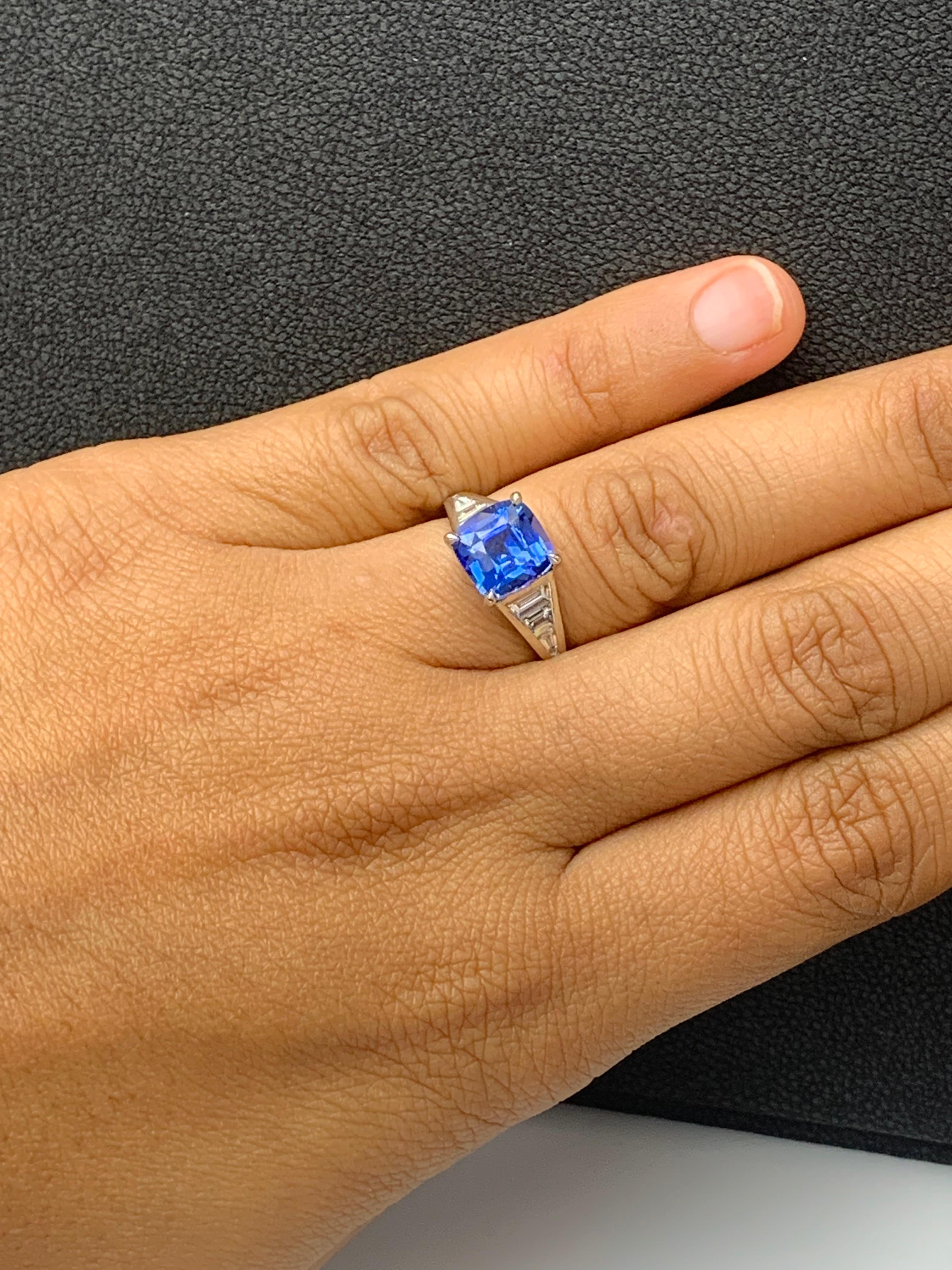 3.39 Carat Cushion Cut Blue Sapphire and Diamond Engagement Ring in Platinum For Sale 3