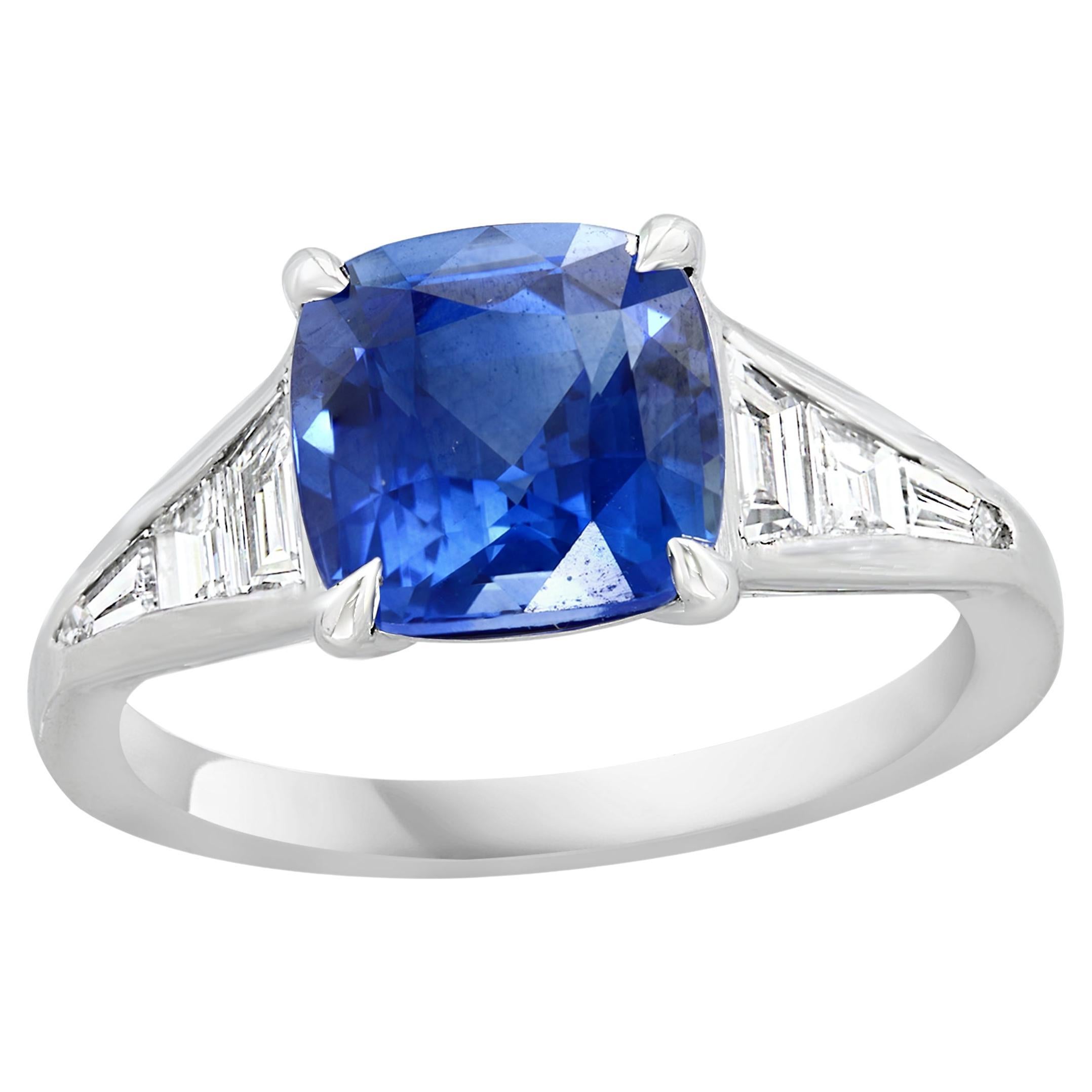 Bague de fiançailles en platine avec saphir bleu et diamant de 3,39 carats à taille coussin