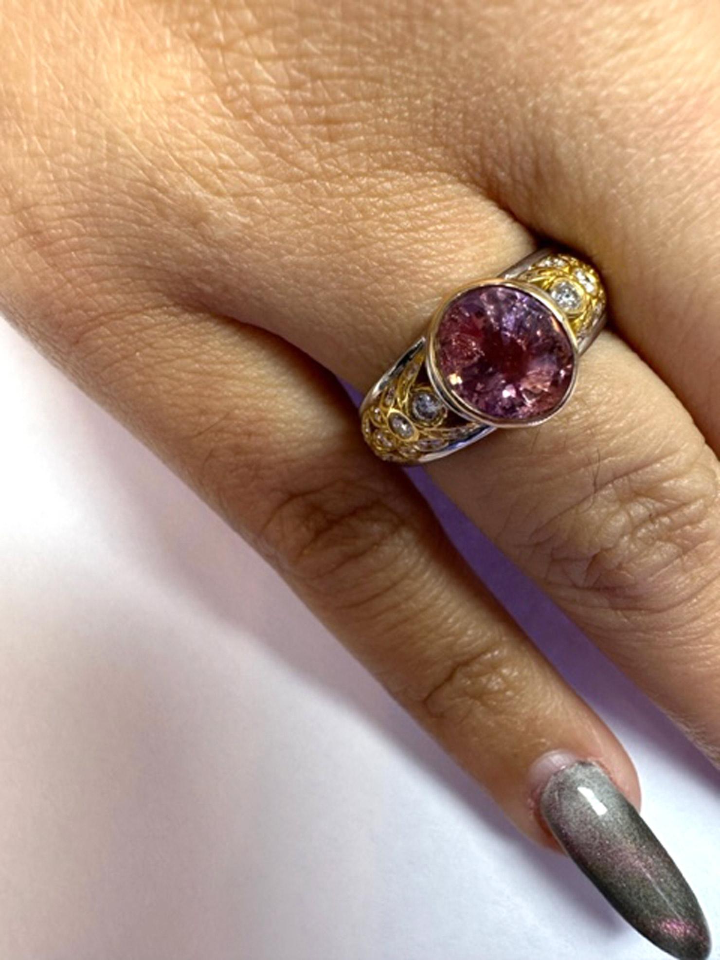 3.39 Carat Natural Padparadscha Sapphire Diamond Platinum Gold Engagement Ring For Sale 1