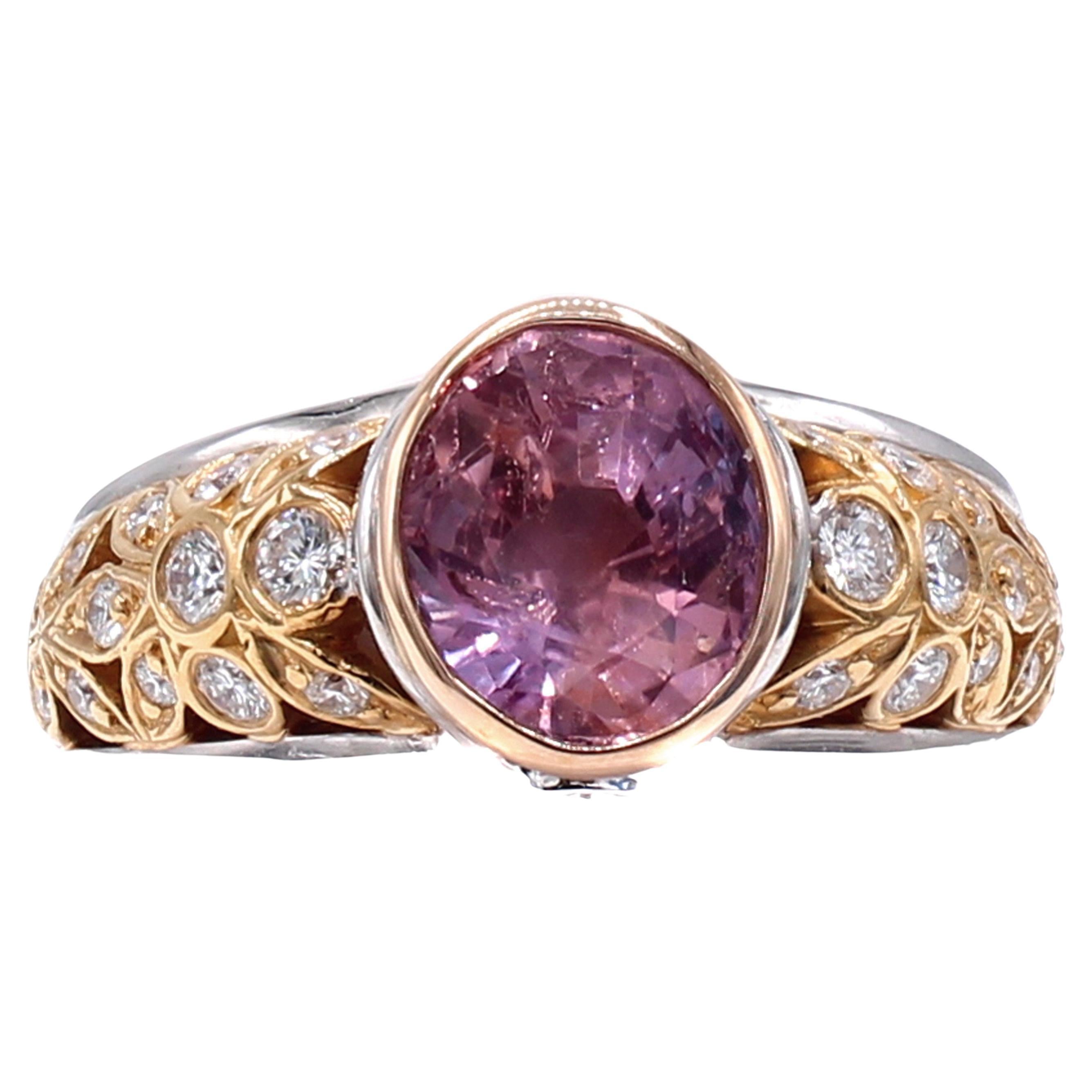 3.39 Carat Natural Padparadscha Sapphire Diamond Platinum Gold Engagement Ring For Sale