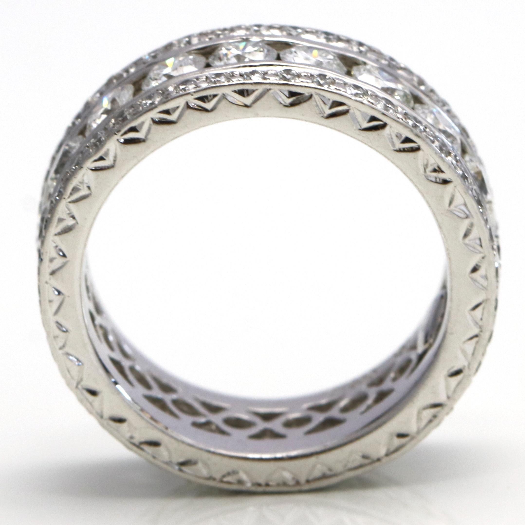Round Cut 3.39 Carat Platinum Diamond Triple-Row Eternity Band Ring For Sale