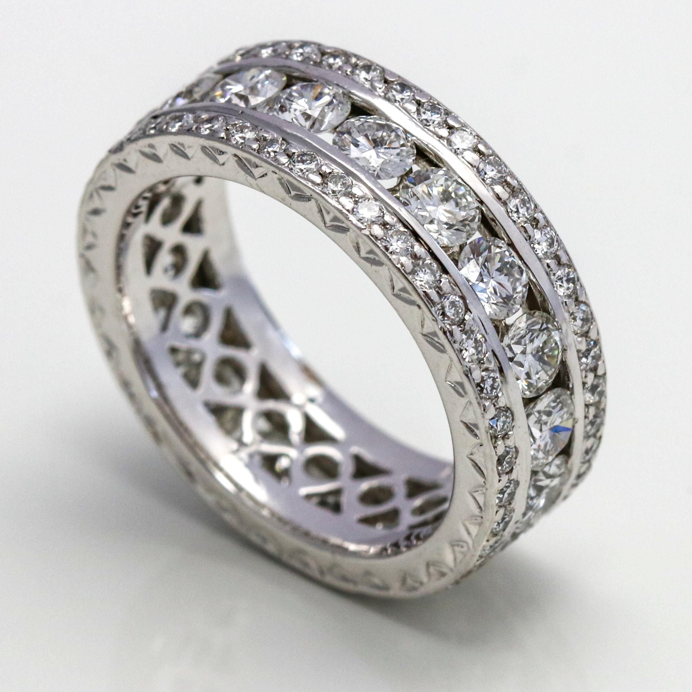 Women's 3.39 Carat Platinum Diamond Triple-Row Eternity Band Ring For Sale