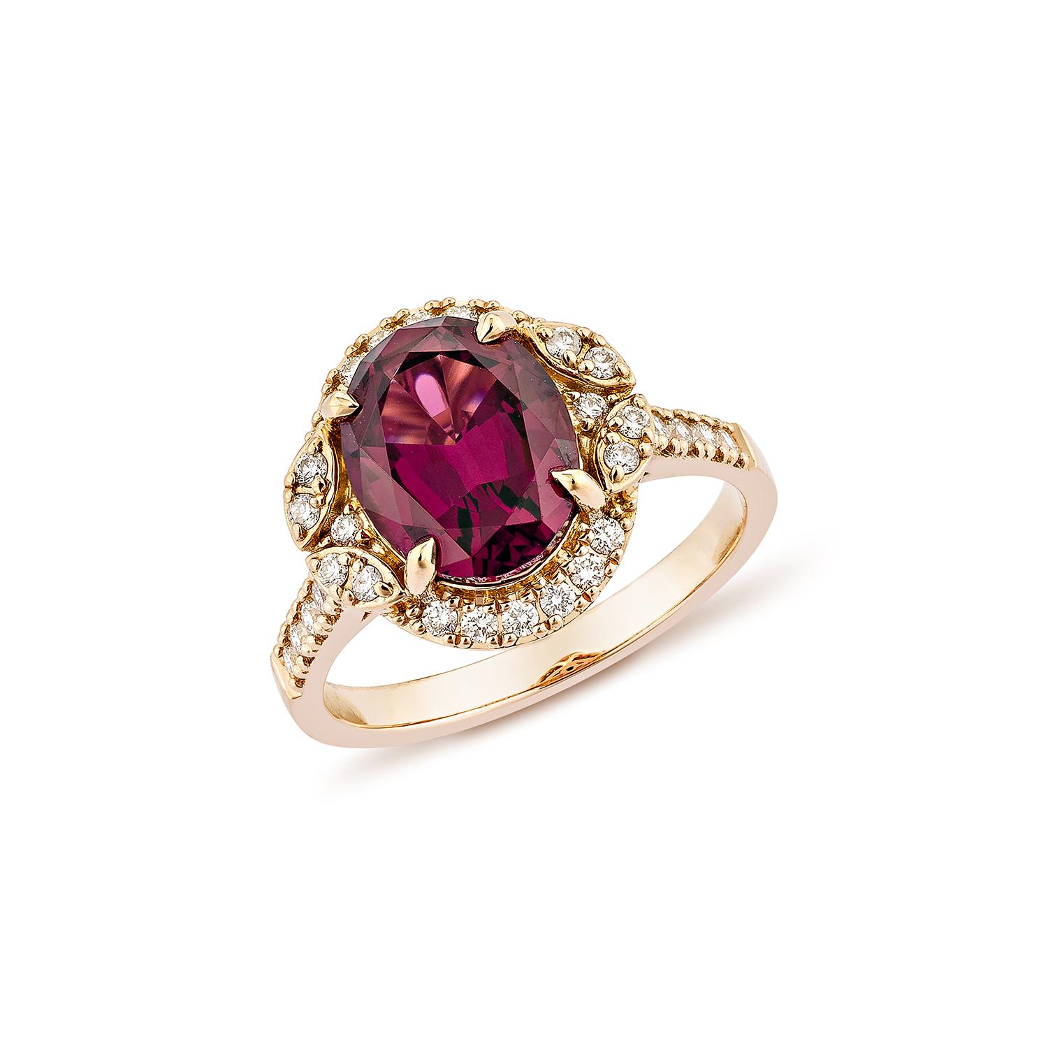 Contemporary Sunita Nahata 3.39 Carat Rhodolite Fancy Ring in 18KRG with White Diamond. For Sale