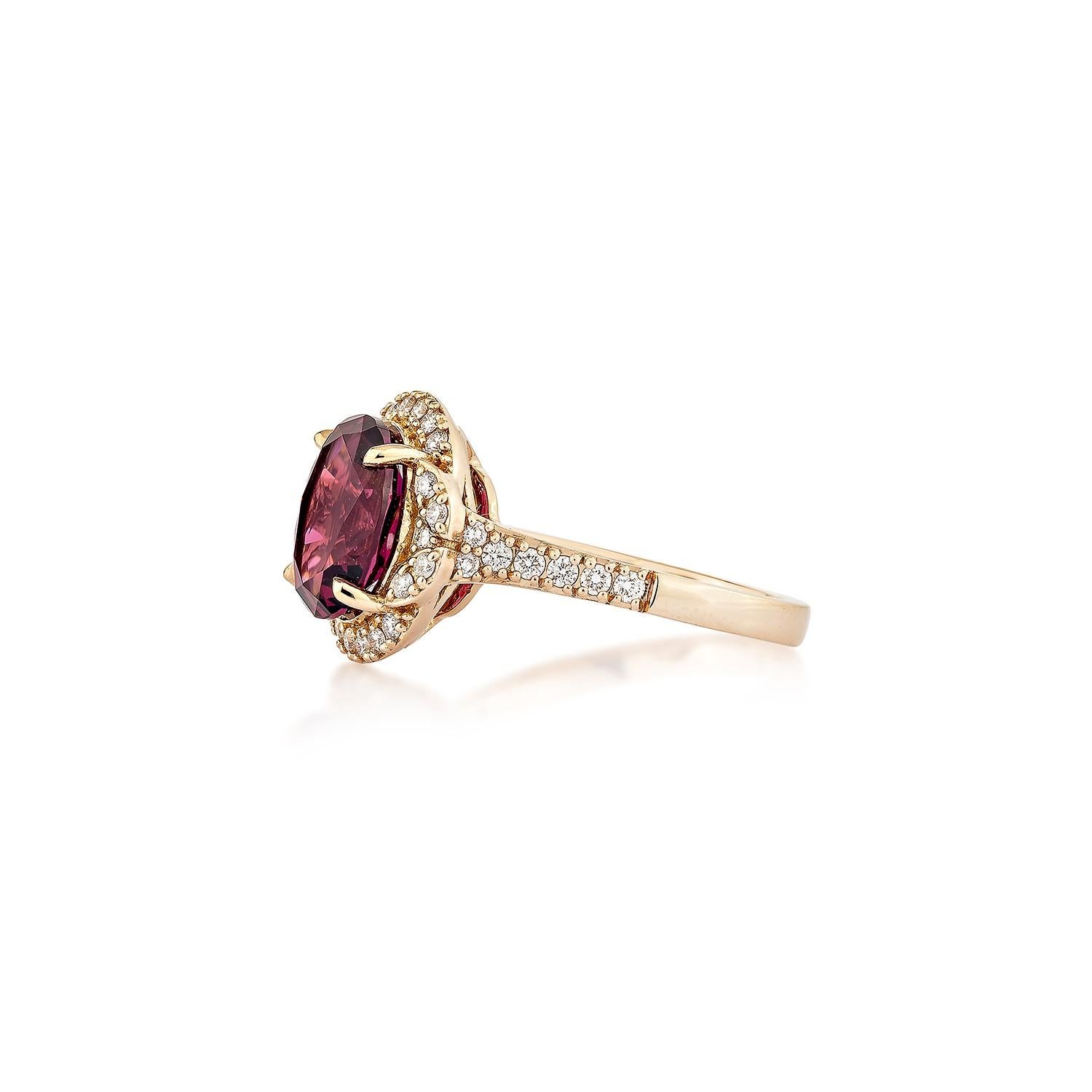 Oval Cut Sunita Nahata 3.39 Carat Rhodolite Fancy Ring in 18KRG with White Diamond. For Sale