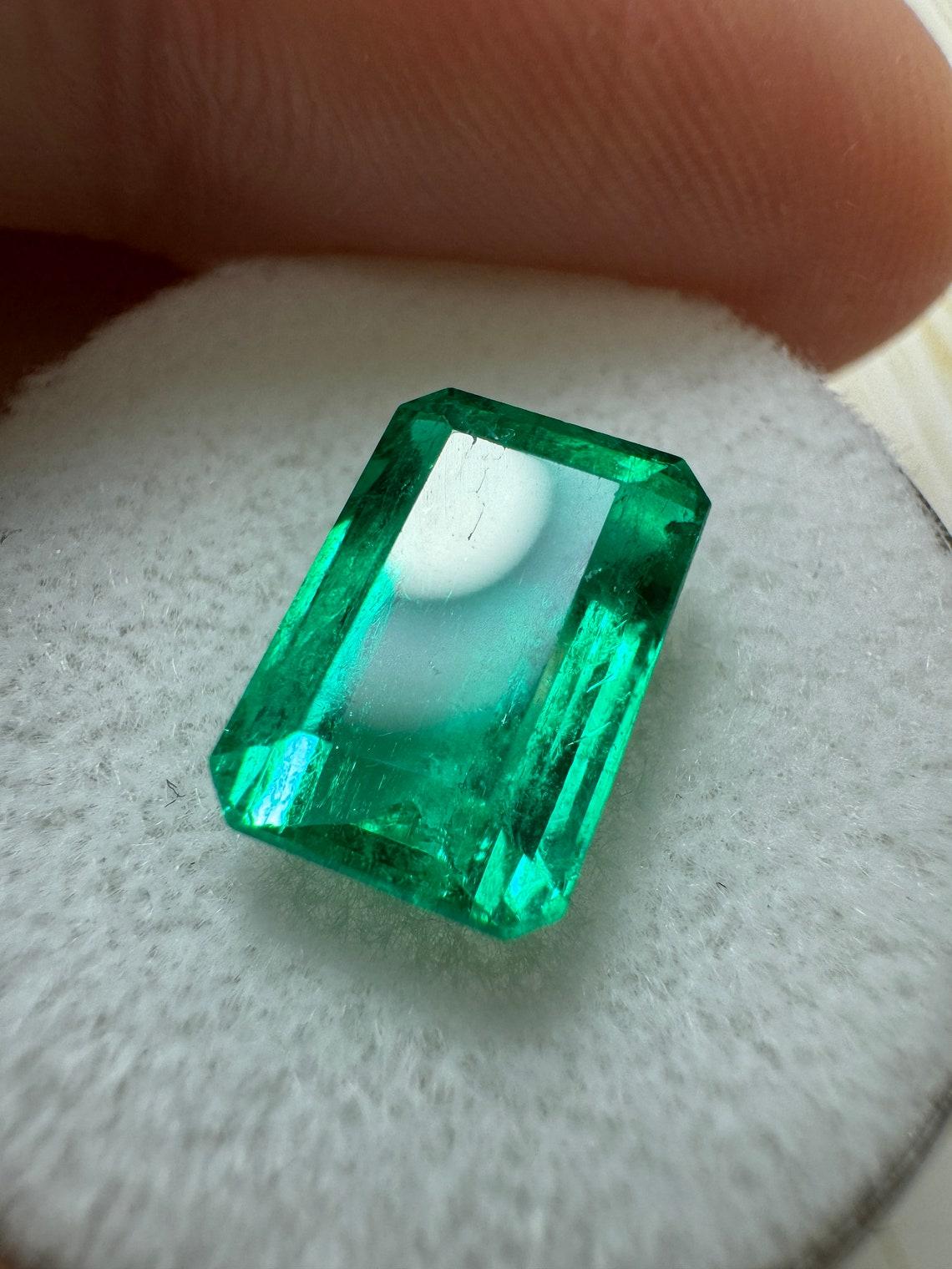 Emerald Cut 3.39 Carat Vivid Bluish Green Loose Colombian Emerald - Elongated Cut May For Sale