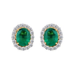 3.39 ct Natural Oval Emerald and Diamond Scalloped Earrings, 18K Yellow Gold
