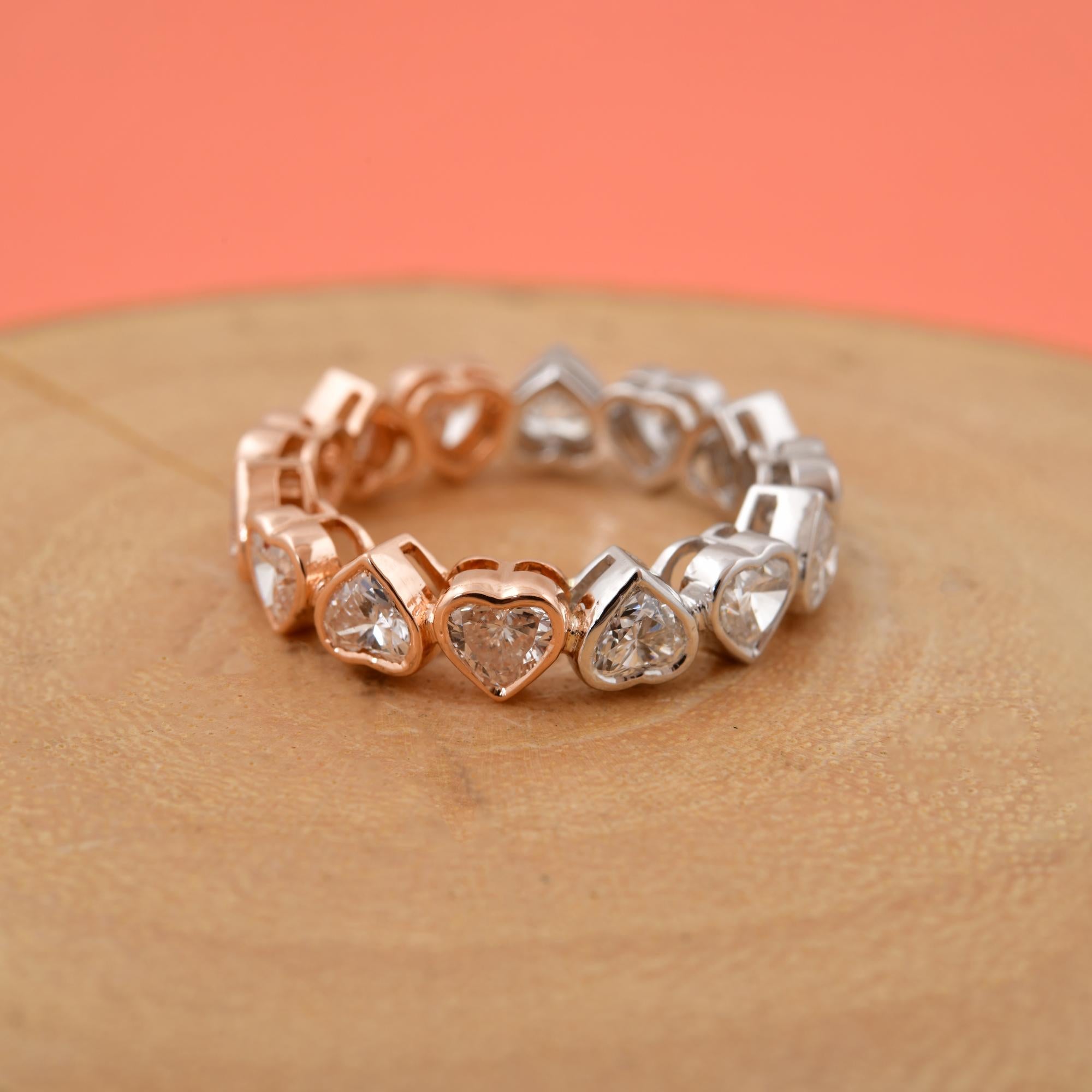 Women's 3.39 Ct. SI Clarity HI Color Heart Diamond Band Ring 14 Karat Rose & White Gold For Sale