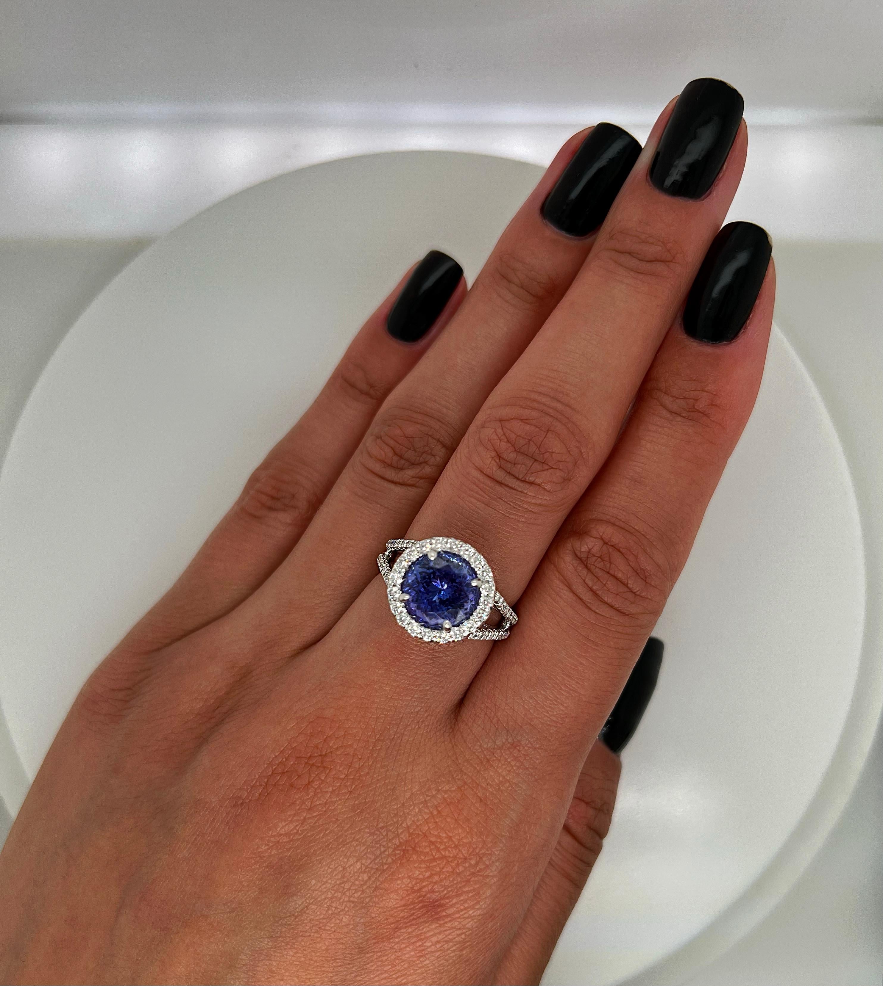 Round Cut 4.15 Total Carat Tanzanite and Diamond Engagement Ring For Sale