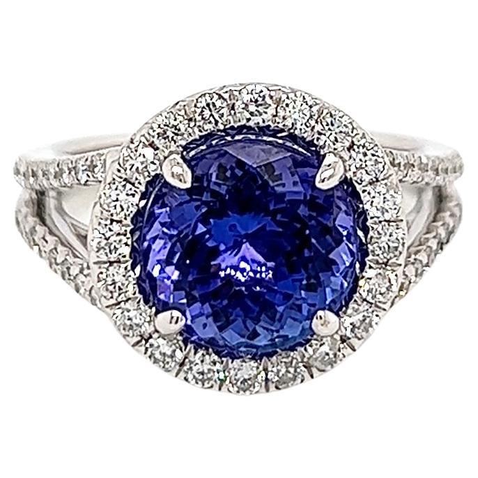 4.15 Total Carat Tanzanite and Diamond Engagement Ring For Sale