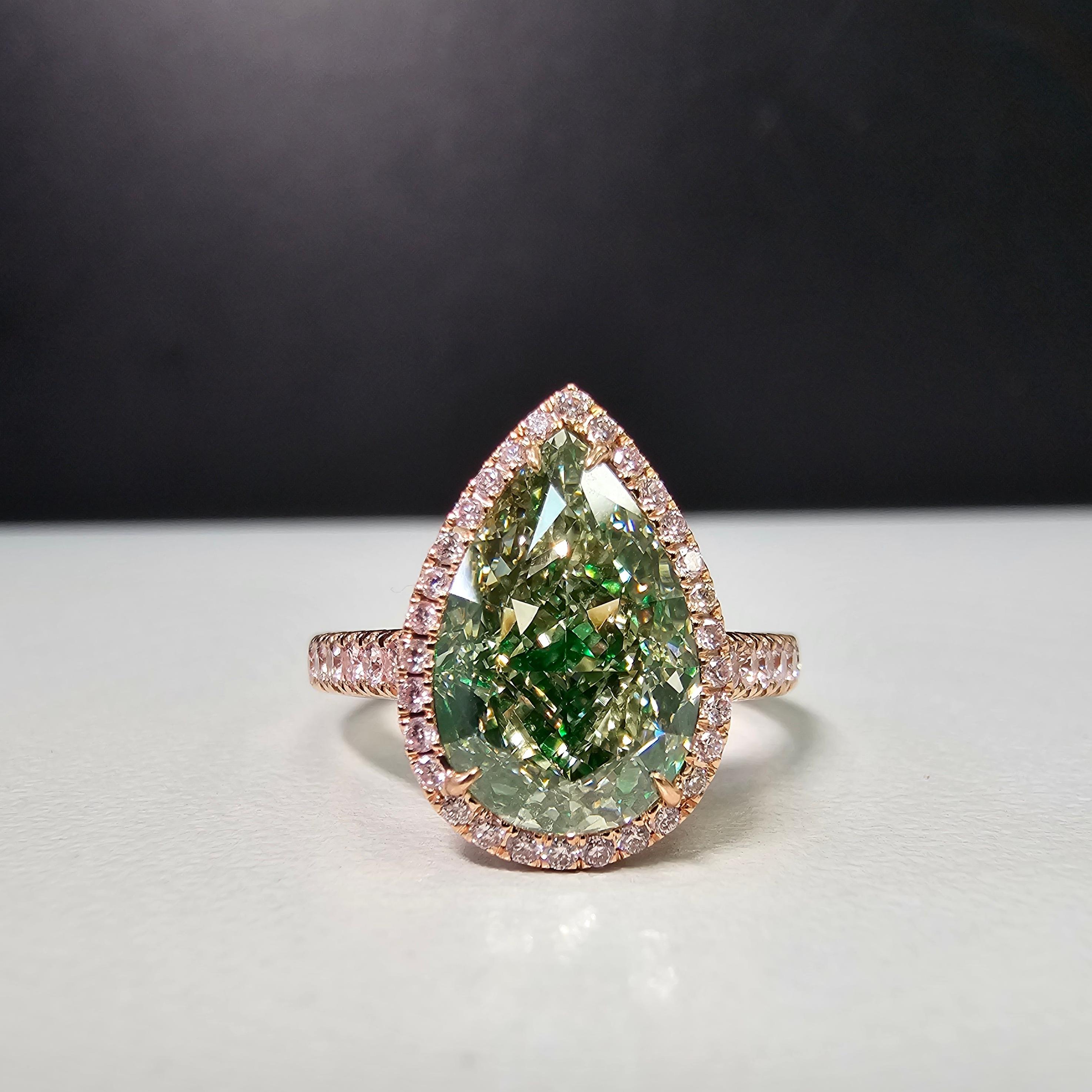 Our new line of diamonds with flavors of green in them set in a ring with green painted enamel under the diamond to make it appear as a pure green diamond. The diamond is 100% natural and GIA certified, but the ring is colored underneath the stone