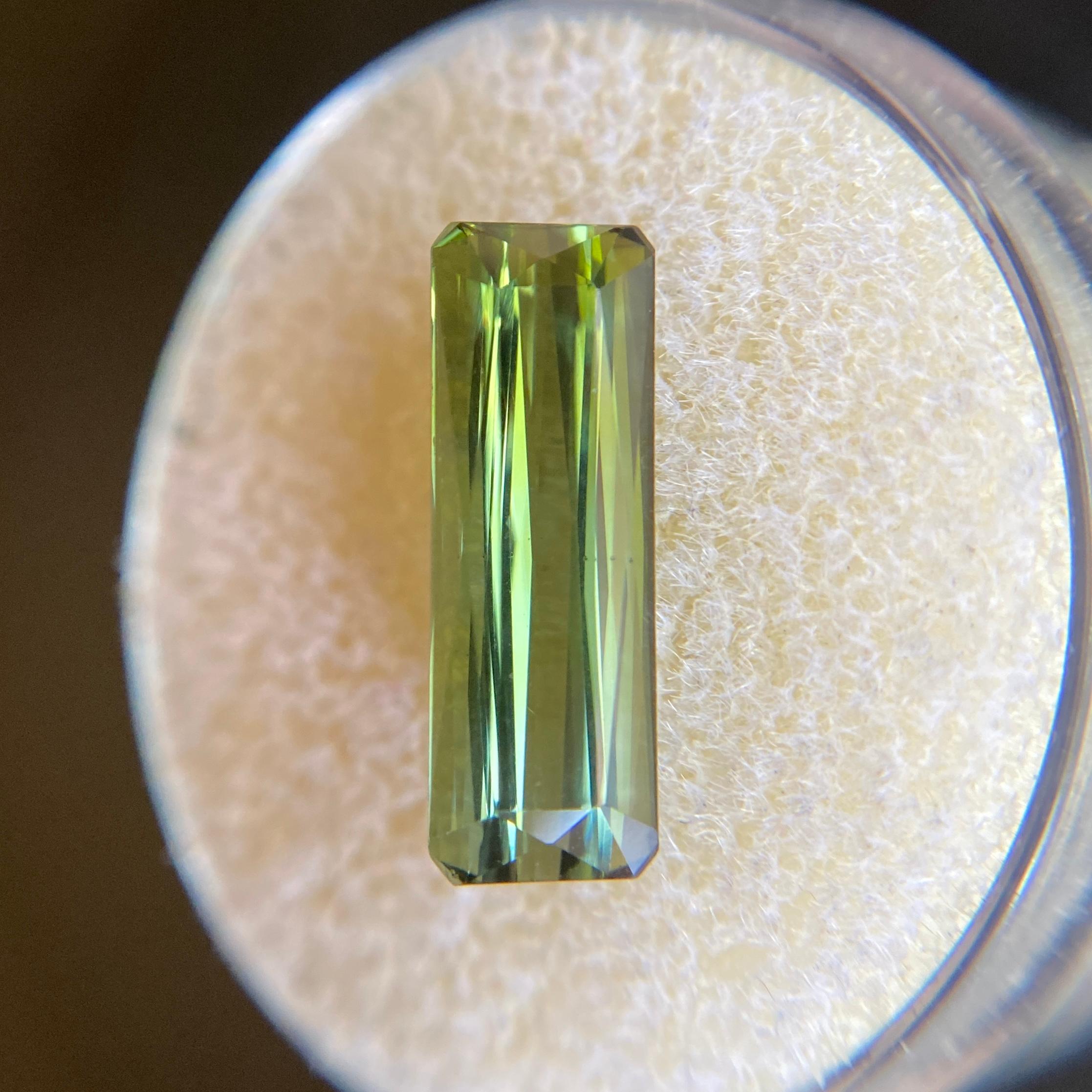 Natural Yellowish Green Tourmaline Gemstone.

3.39 Carat with a beautiful bright yellowish green colour and very good clarity. Clean stone with only some small natural inclusions visible when looking closely.

Also has an excellent emerald/octagon