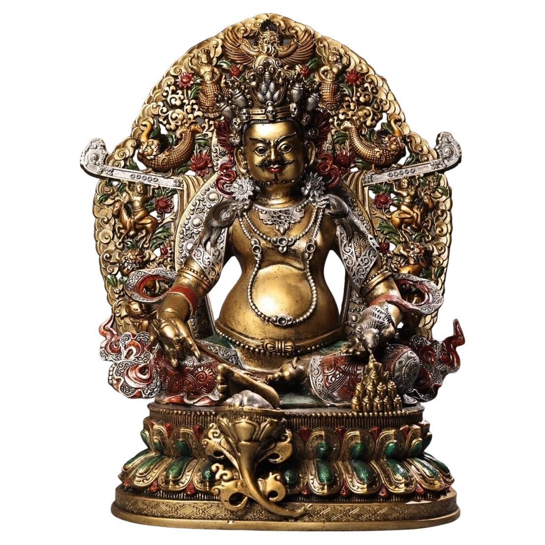 33cm Old Nepalese Tibetan Craft Bronze Gilded Yellow Dzambhala Statue