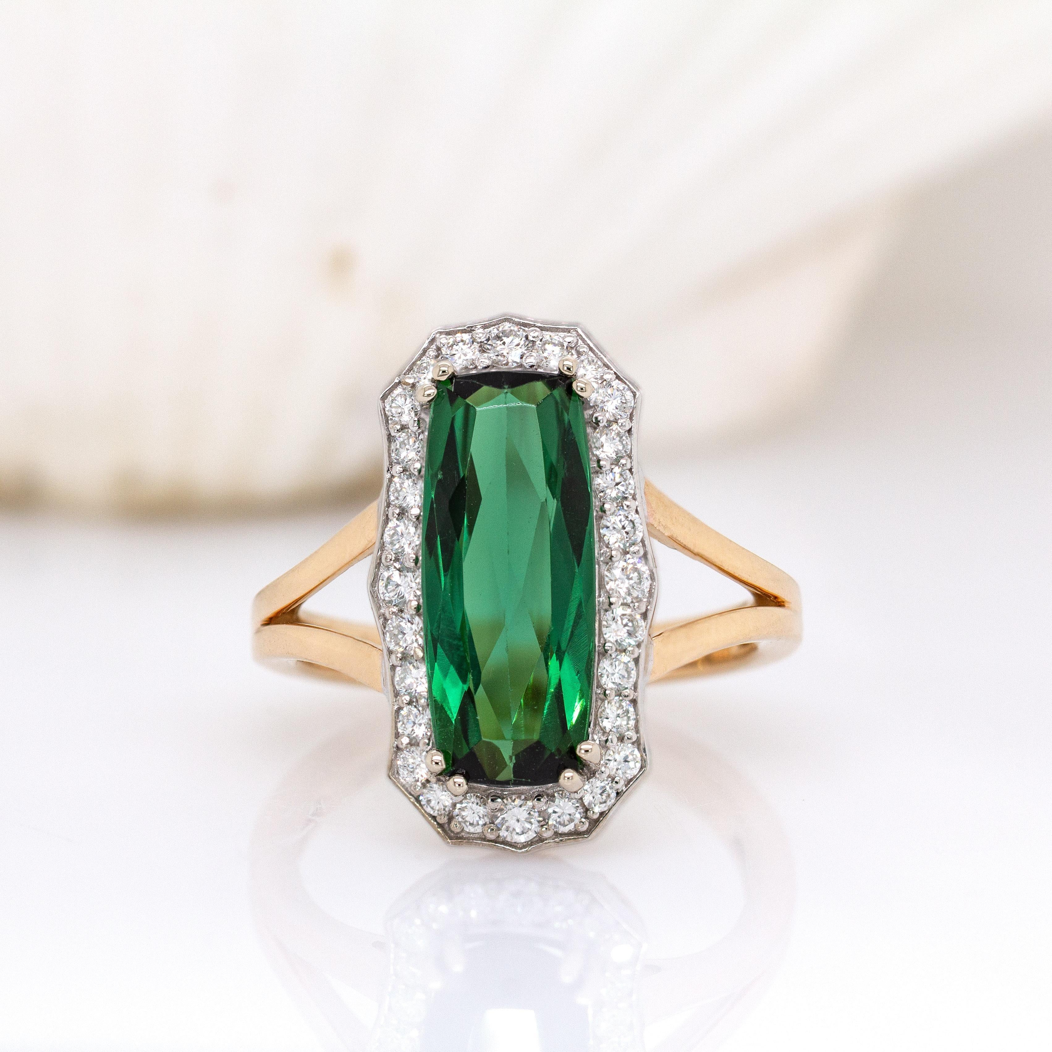 Anillo de turmalina indicolita AAA de 3,3 ct con halo de diamante natural en oro macizo de 14 quilates Art Decó en venta