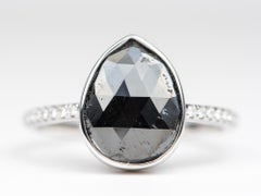 3.3ct Black Diamond Bezel Set Diamond Pave Band 14K White Gold Ring R6258