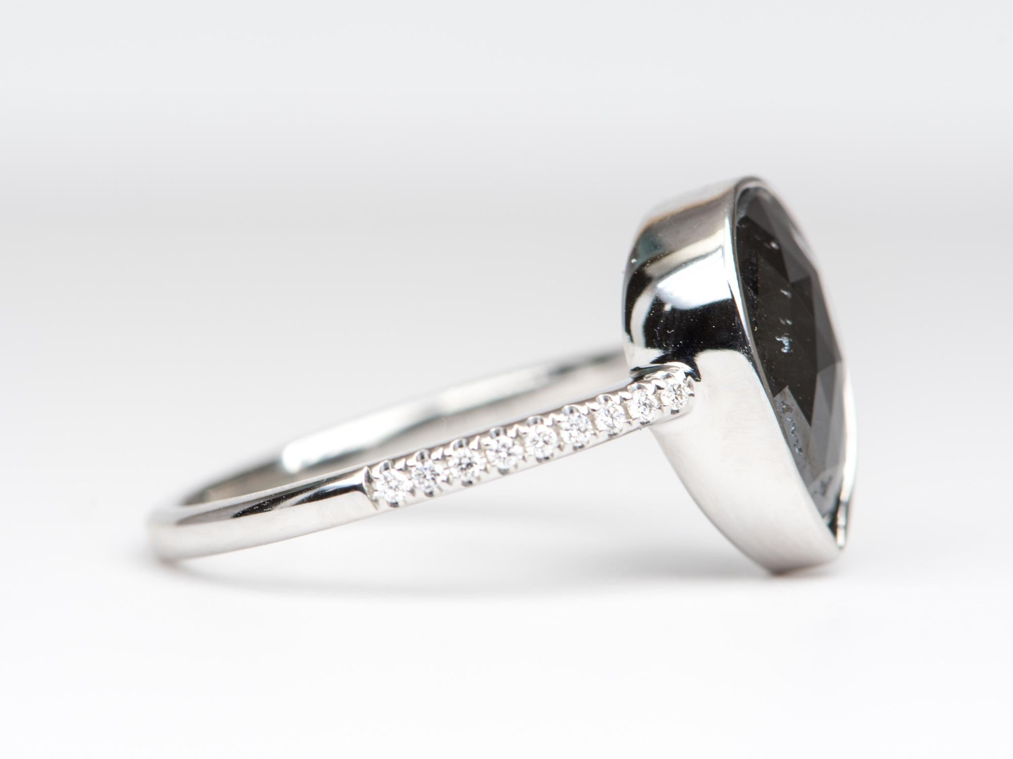 Pear Cut 3.3ct Black Diamond Bezel Set Diamond Pave Band 14K White Gold Ring R6258 For Sale