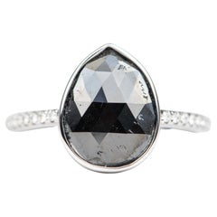 3.3ct Black Diamond Bezel Set Diamond Pave Band 14K White Gold Ring R6258