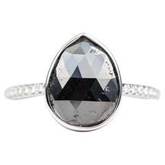 3.3ct Black Diamond Bezel Set with Diamond Pave Band 14K Gold Engagement Ring
