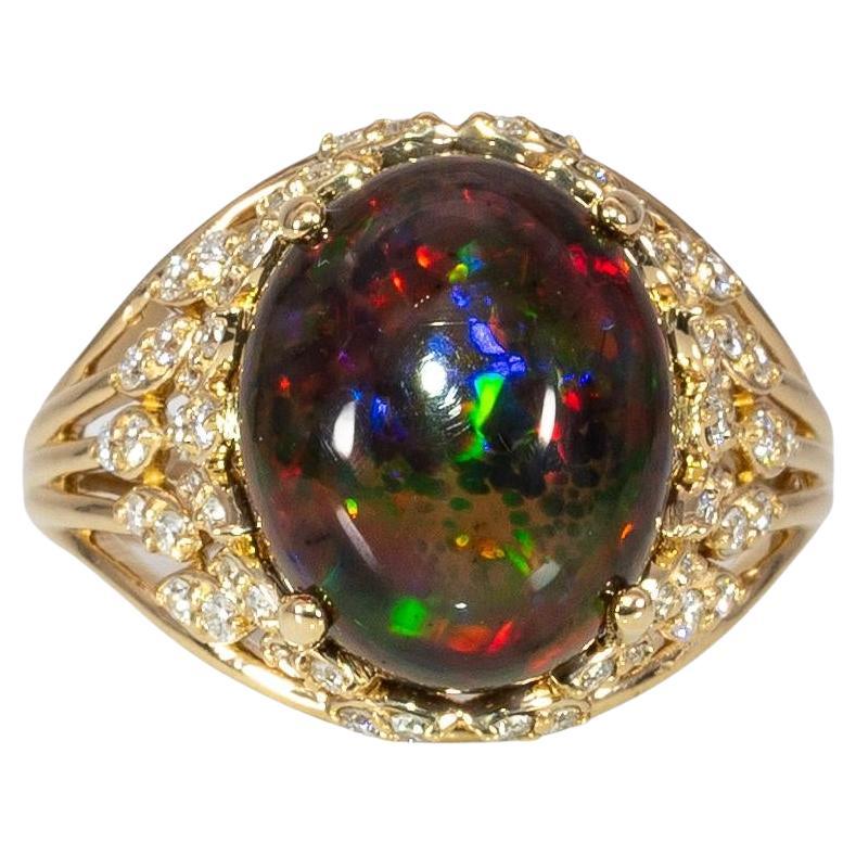 3,3 Karat Schwarzer Opal-Ring mit natürlichen Diamant-Akzenten: Massiv 14K Gold, 13x10.5mm