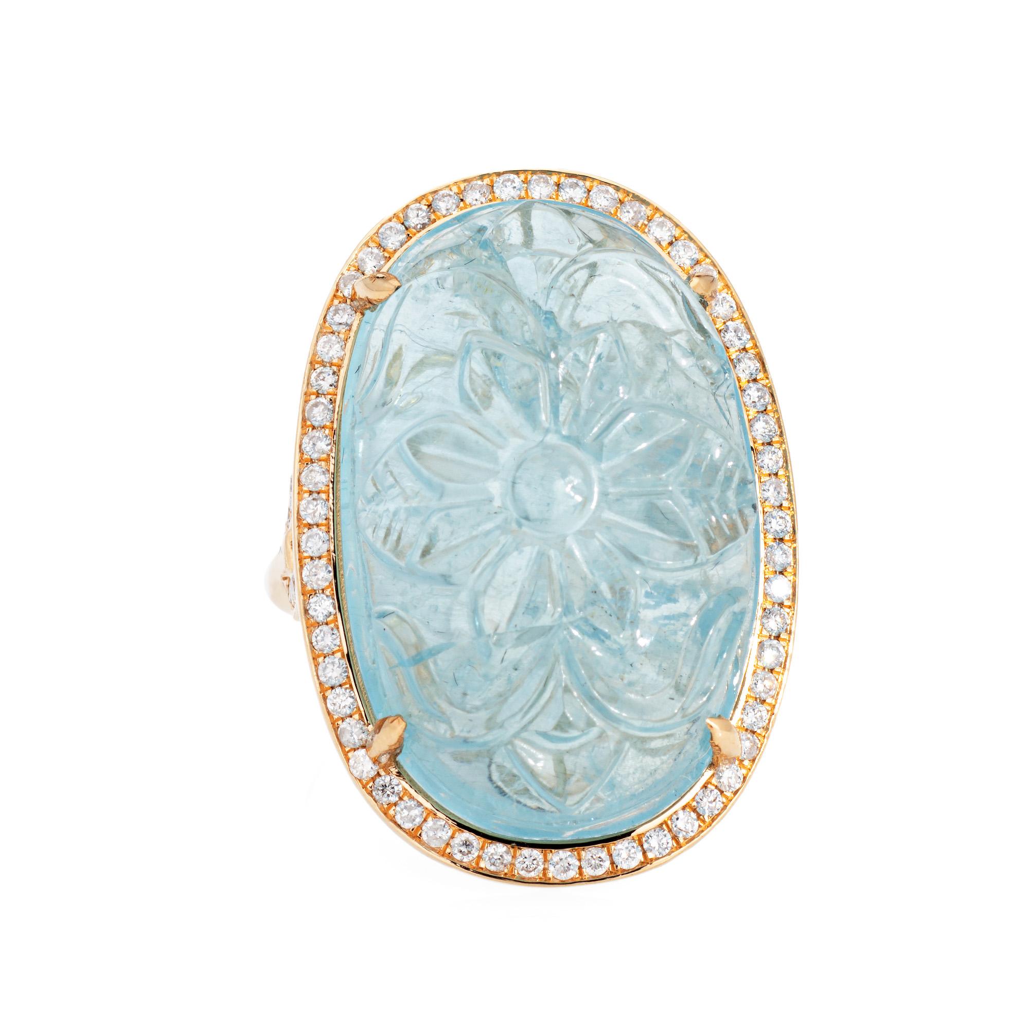 Stylish estate carved aquamarine & diamond cocktail ring crafted in 18k yellow gold. 

Carved aquamarine measures 25mm x 16mm (estimated at 33 carats). Diamonds total an estimated 0.35 carats (estimated at I-J color and SI1-I2 clarity). 

The light