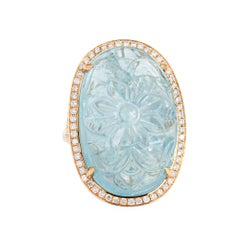 33ct Carved Aquamarine Ring Diamond Large Cocktail Jewelry Sz 7 Flower Jewelry